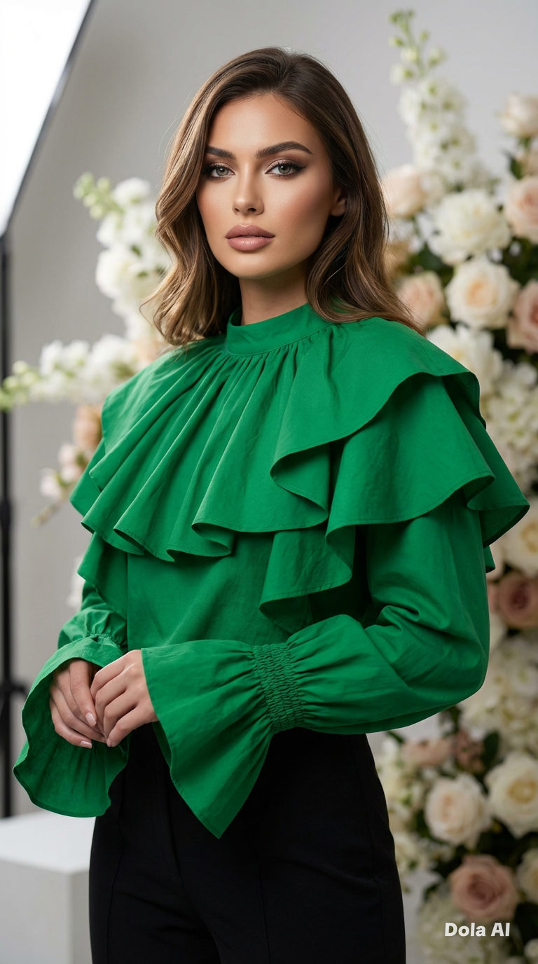 Emerald Green Ruffle Blouse - front view