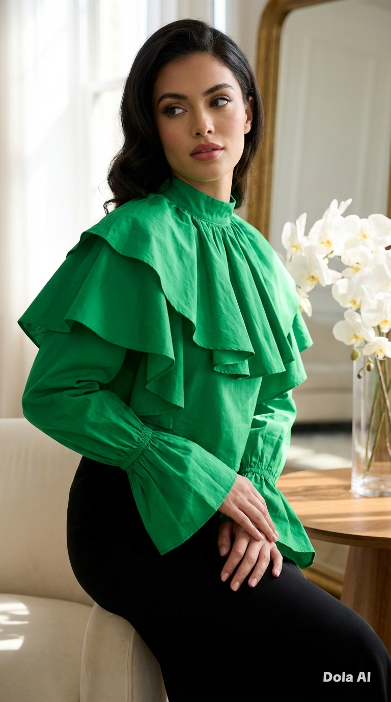 Emerald Green Ruffle Blouse - side view