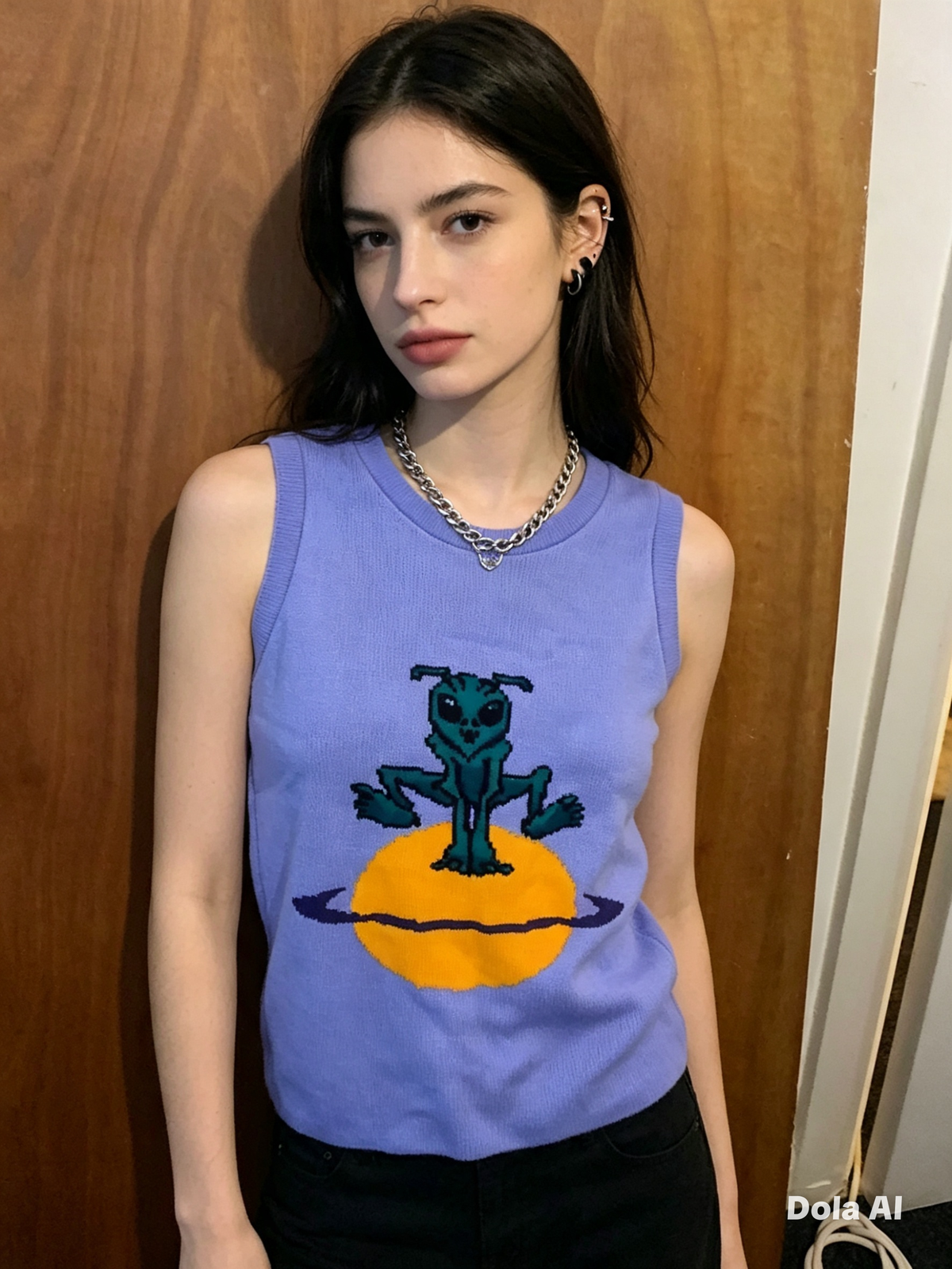 Lavender Alien Graphic Knit Tank Top - close up front