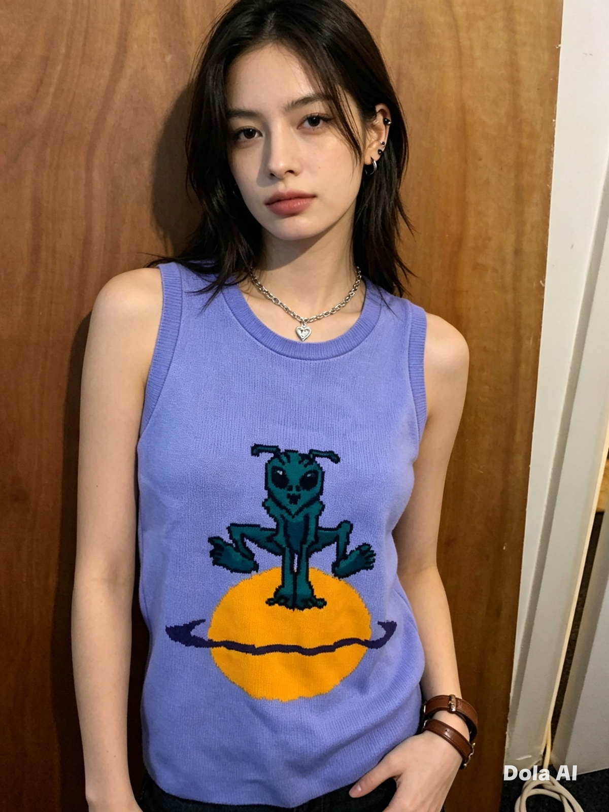 Lavender Alien Graphic Knit Tank Top - front view