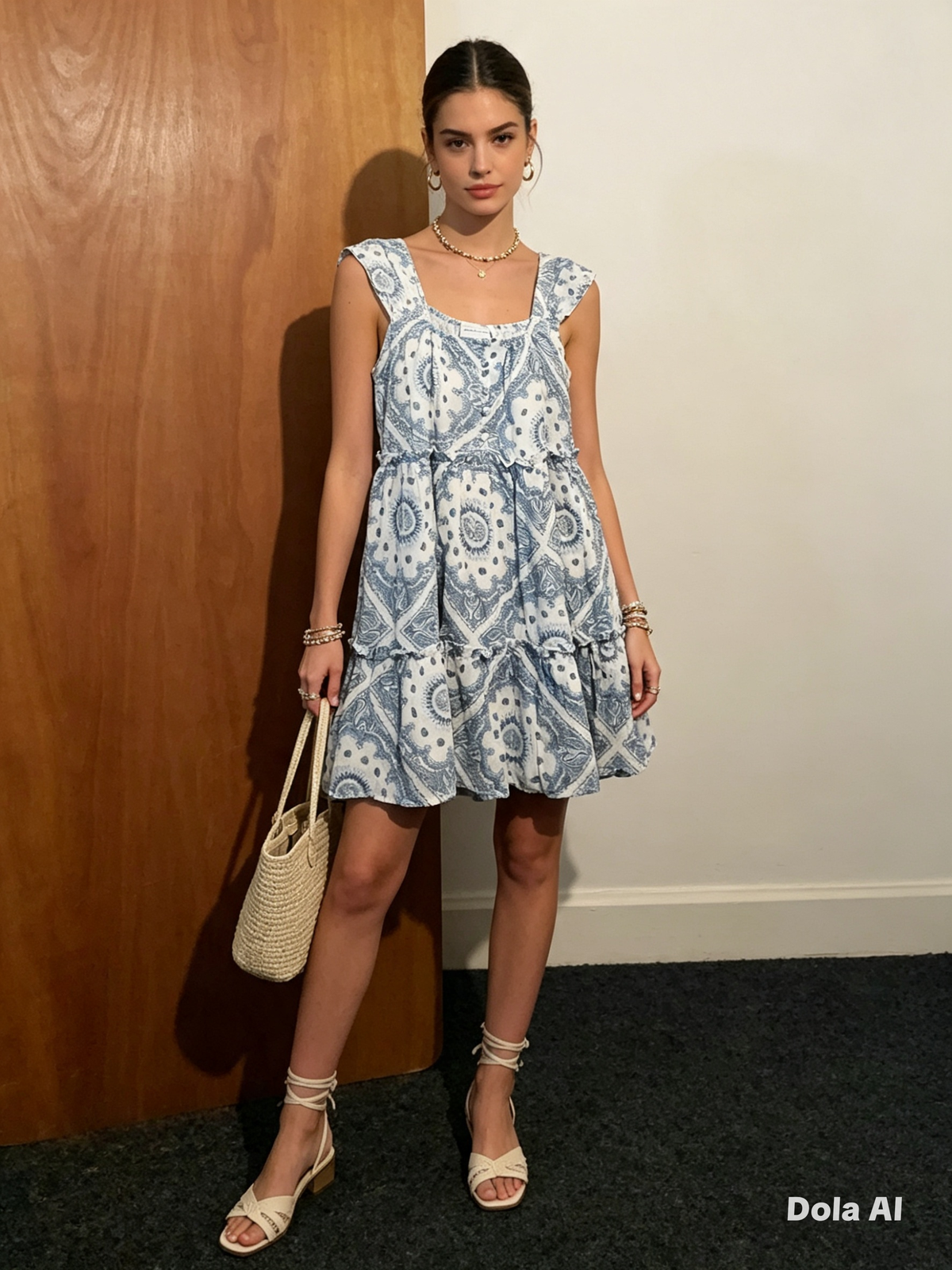 Blue Paisley Print Tiered Mini Dress - full length with bag