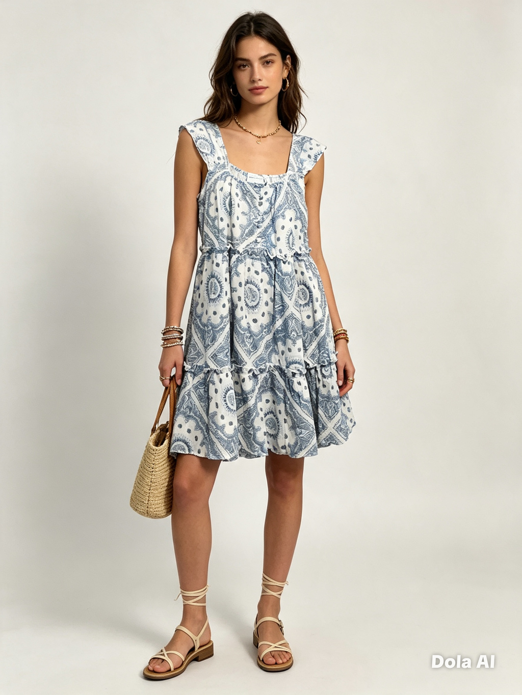 Blue Paisley Print Tiered Mini Dress - full length front view