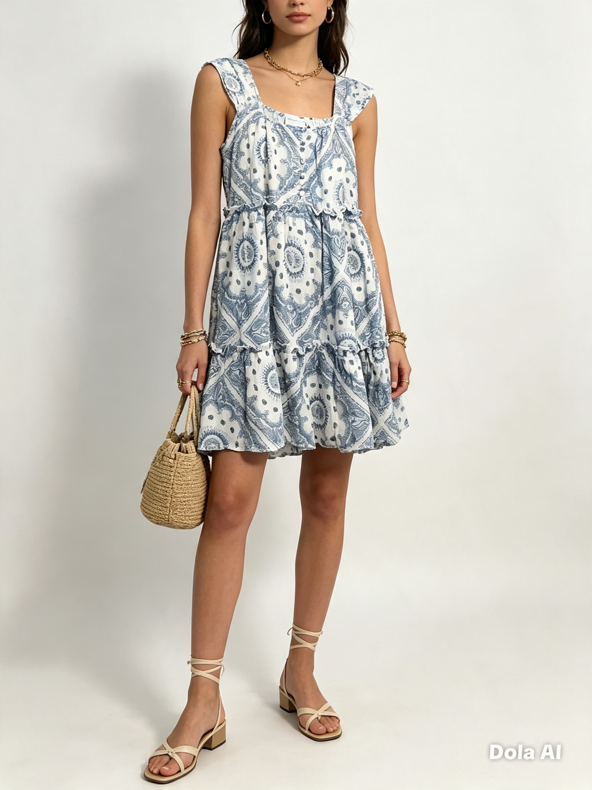 Blue Paisley Print Tiered Mini Dress - three quarter view