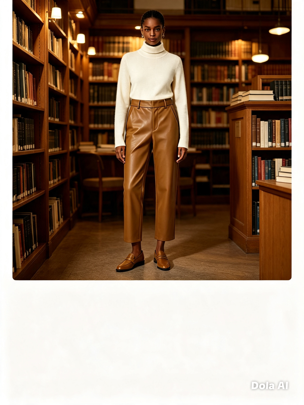 Tan Faux Leather Straight Leg Trousers - library setting