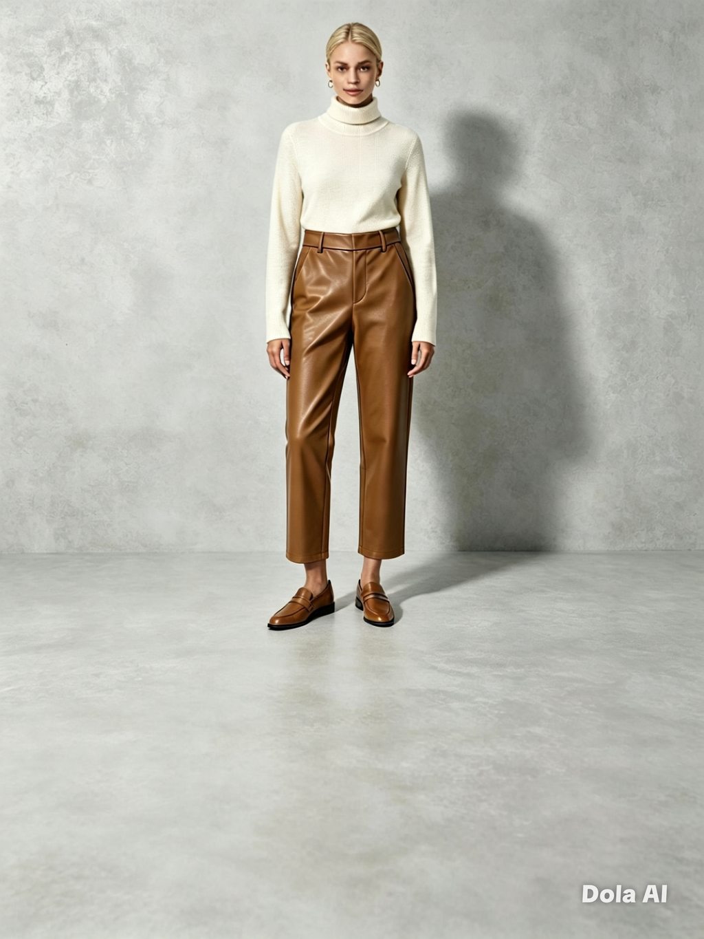 Tan Faux Leather Straight Leg Trousers - studio grey background