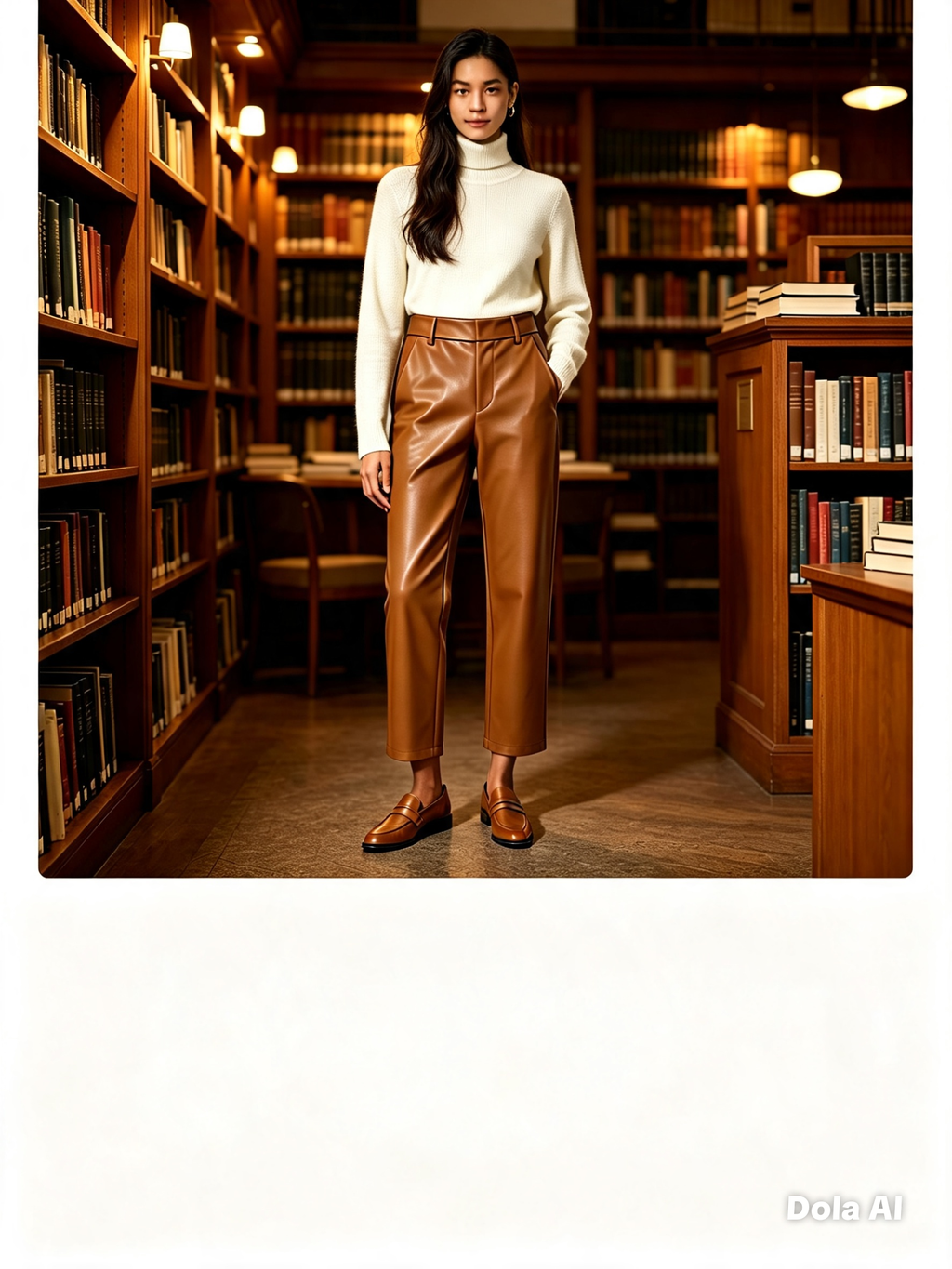 Tan Faux Leather Straight Leg Trousers - library setting side view