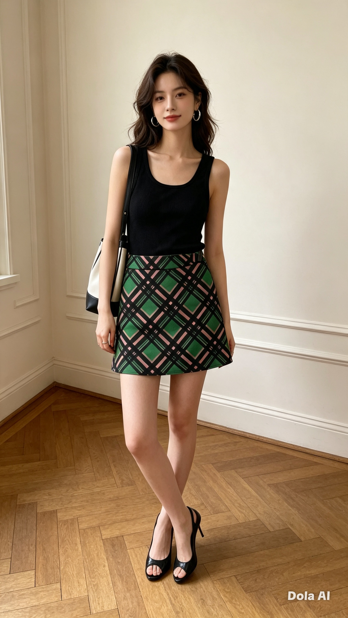Green and Black Plaid Mini Skirt - front view with white bag