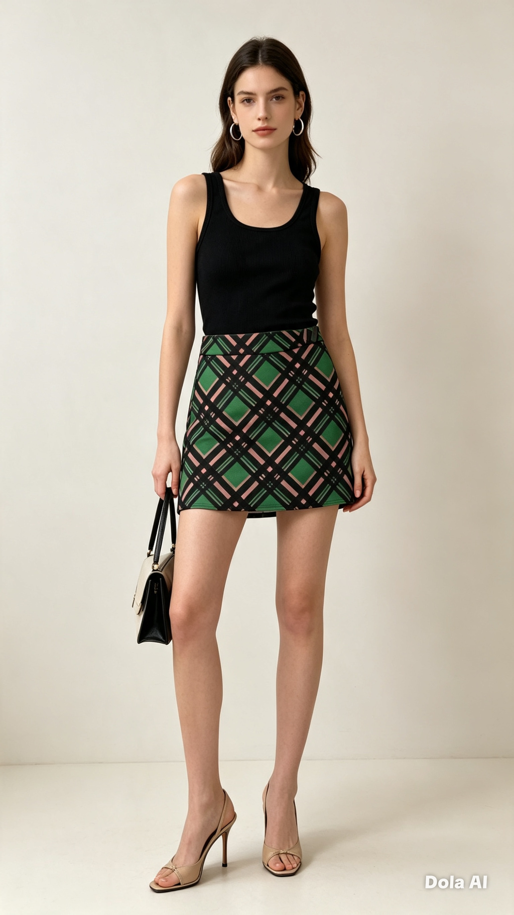 Green and Black Plaid Mini Skirt - full length studio view