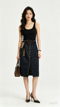 Navy Blue Gold Studded Midi Skirt - black tank top styling