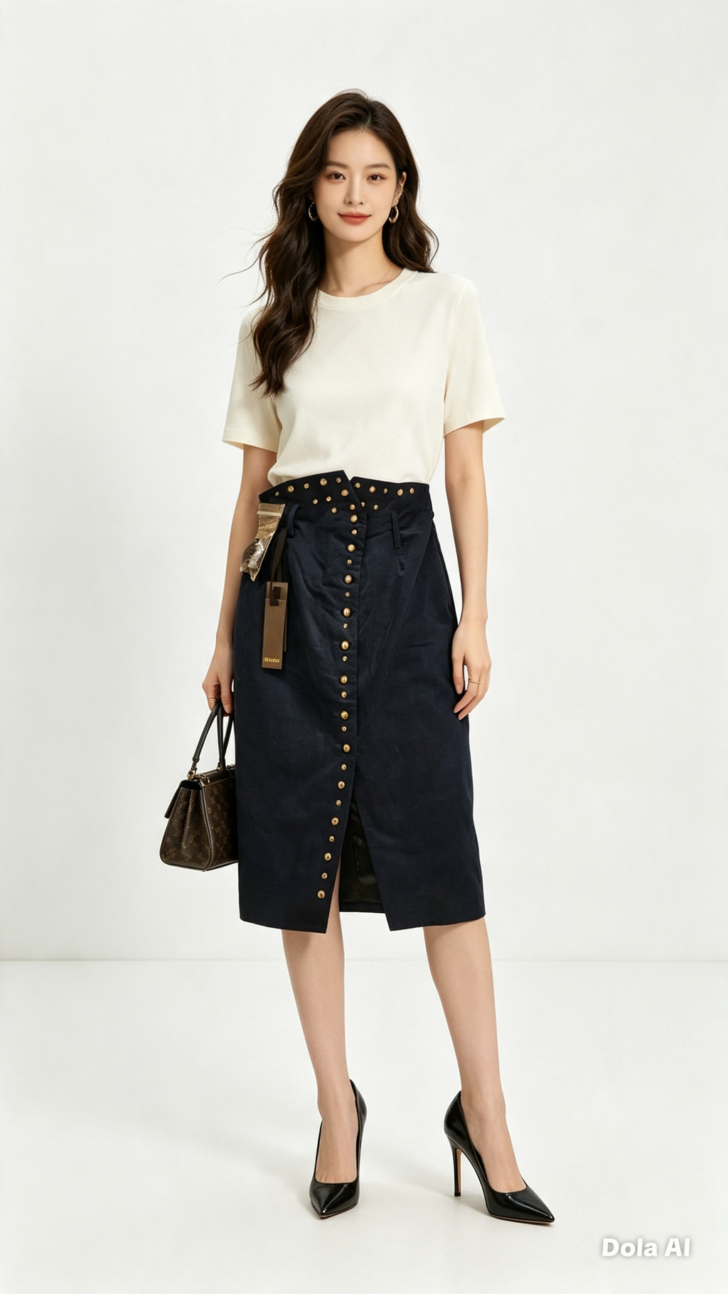 Navy Blue Gold Studded Midi Skirt - white top styling