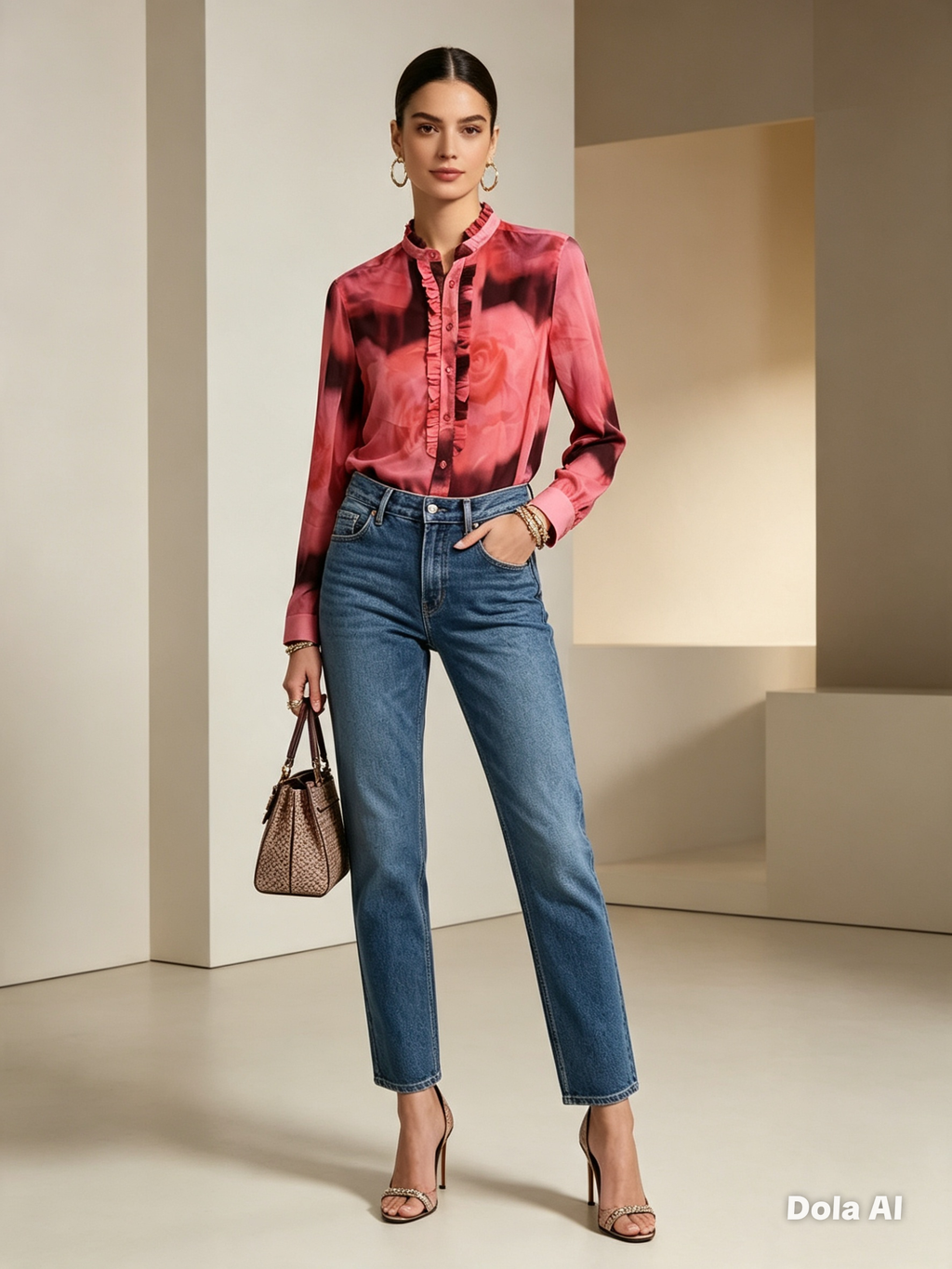 Pink Burgundy Satin Ruffle Blouse - model with jeans and patterned bag