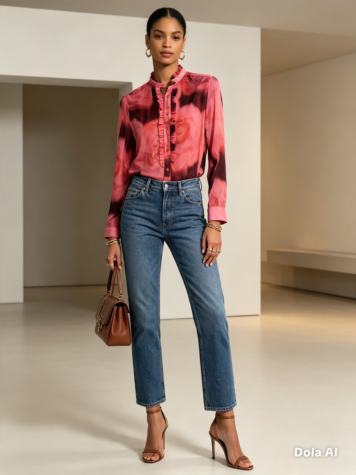 Pink Burgundy Satin Ruffle Blouse - model with jeans and tan bag