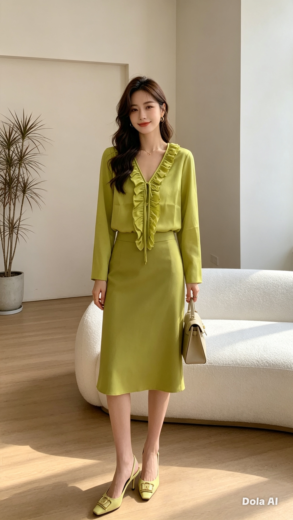 Lime Green Satin Ruffle Blouse - model with matching skirt co-ord set