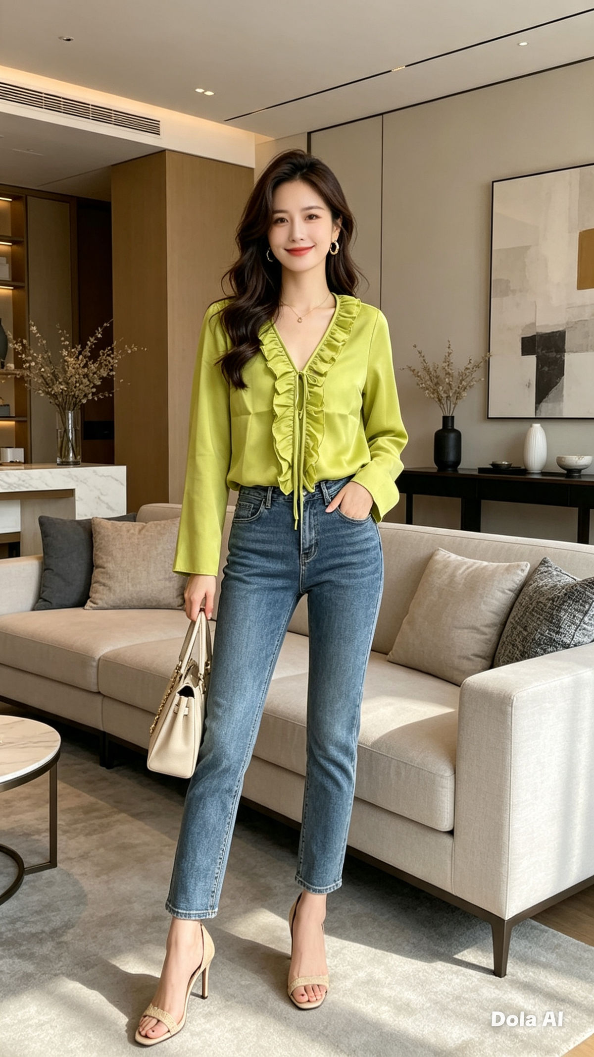 Lime Green Satin Ruffle Blouse - model with jeans luxury living room