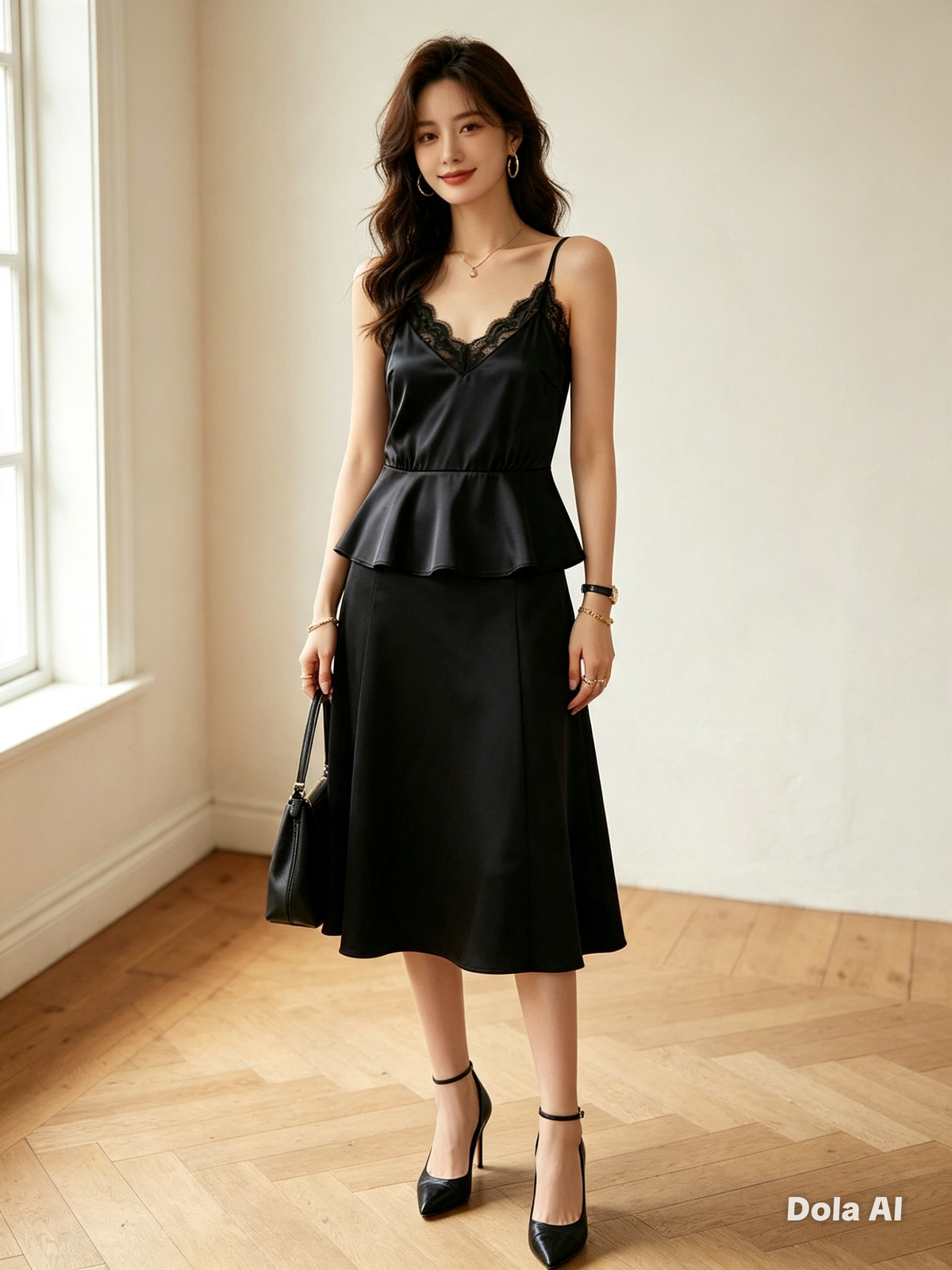 Black Satin Lace Peplum Cami Top - model with black midi skirt and heels