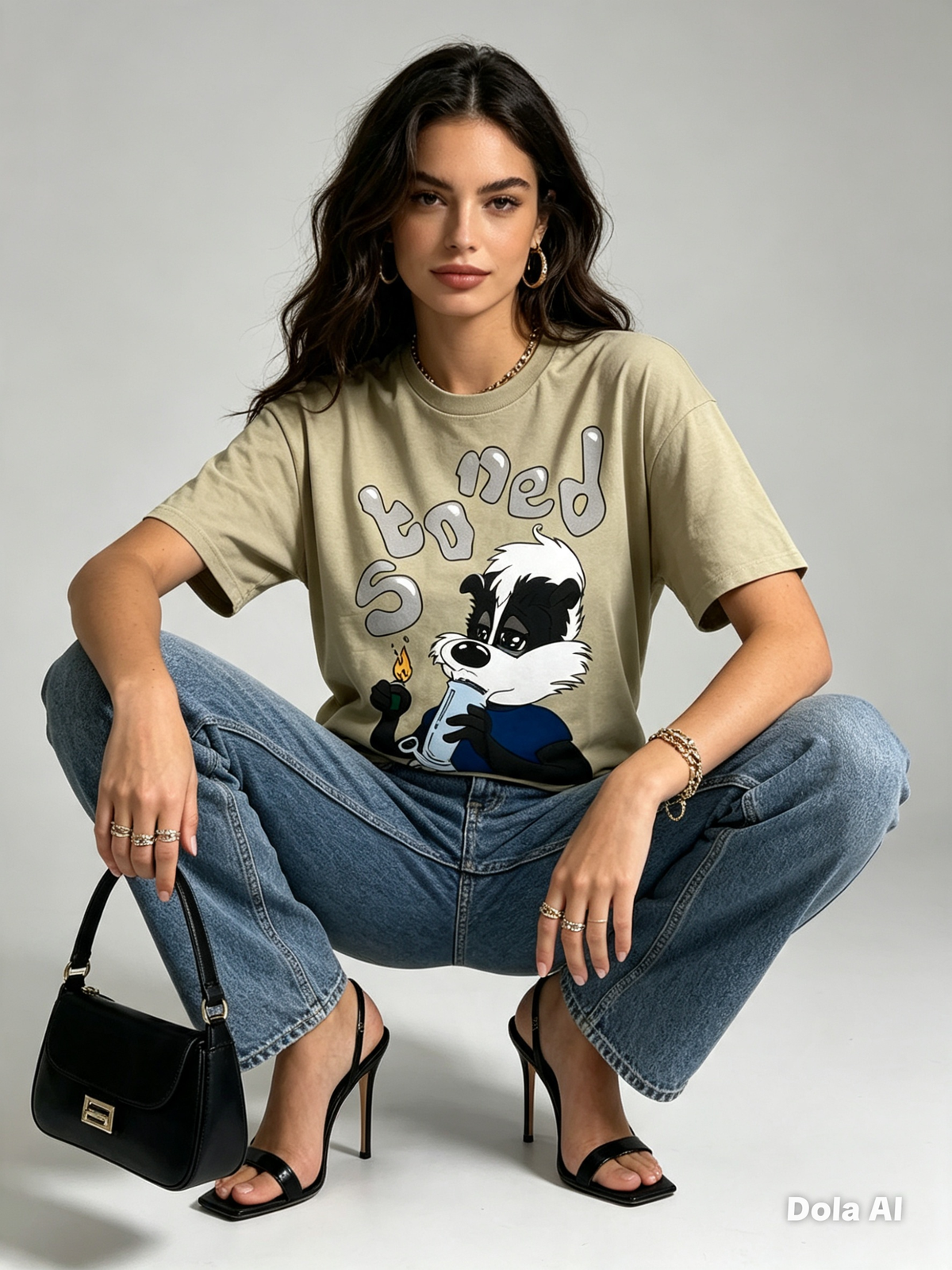 Beige So Ned Graphic Oversized Tee - model with wide leg jeans crouching with bag