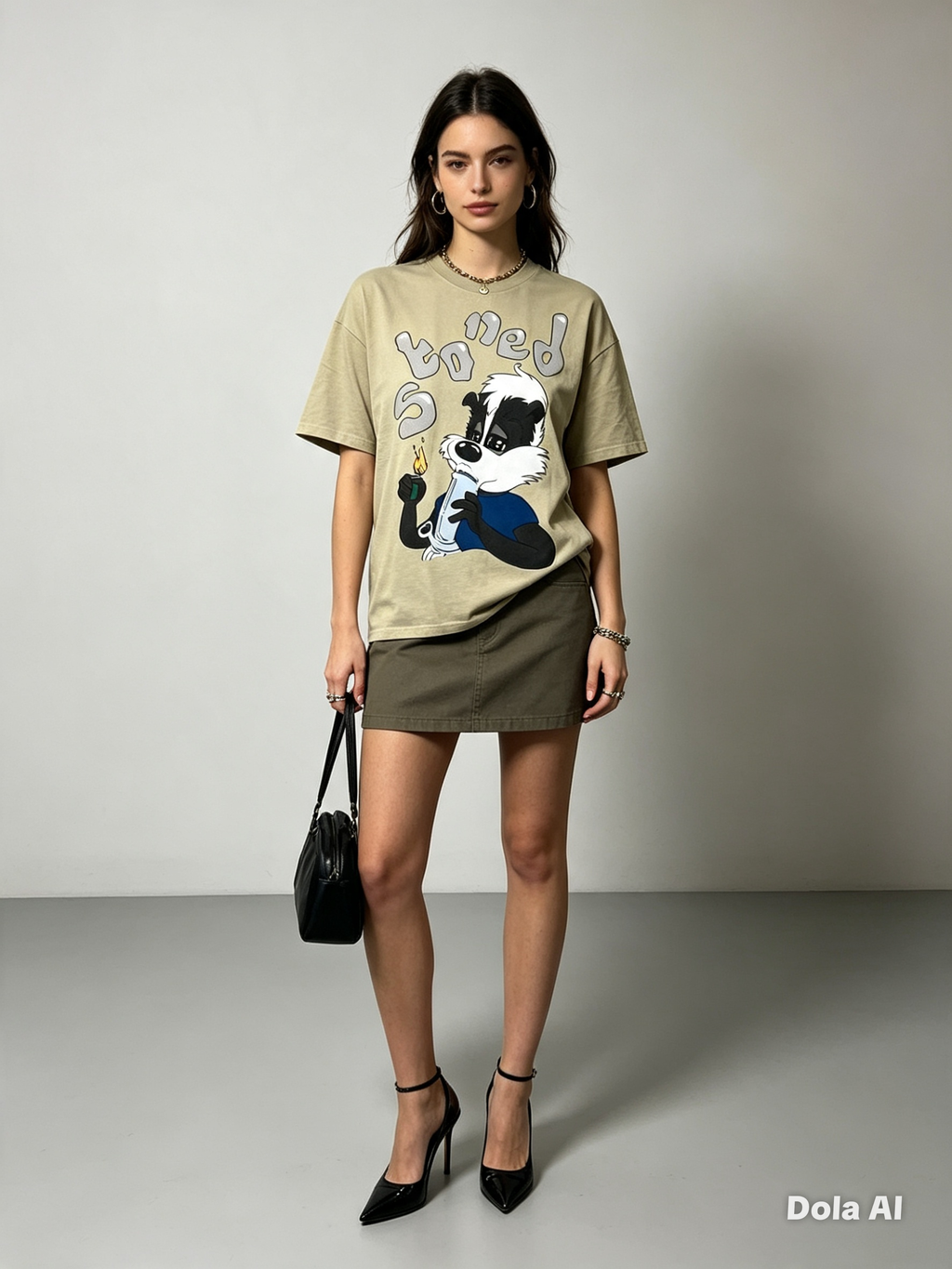 Beige So Ned Graphic Oversized Tee - model with khaki mini skirt and black heels