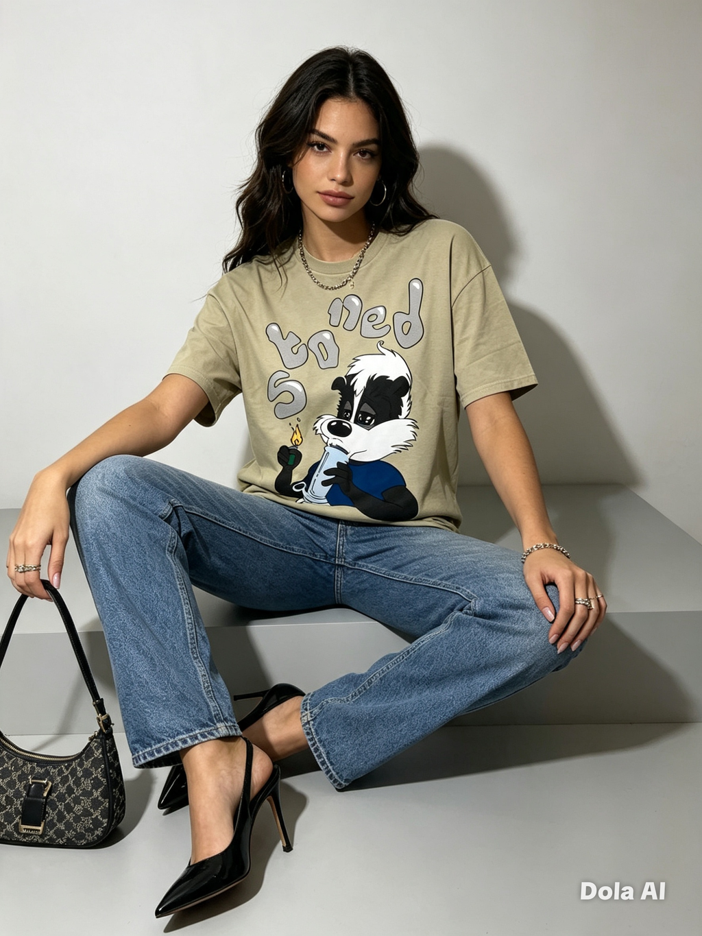 Beige So Ned Graphic Oversized Tee - model with wide leg jeans seated with bag