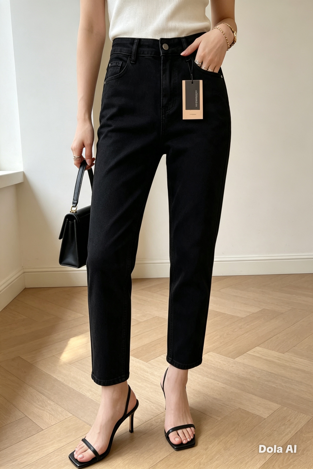 Black High-Waist Straight Leg Jeans - model with cream top and strappy heels