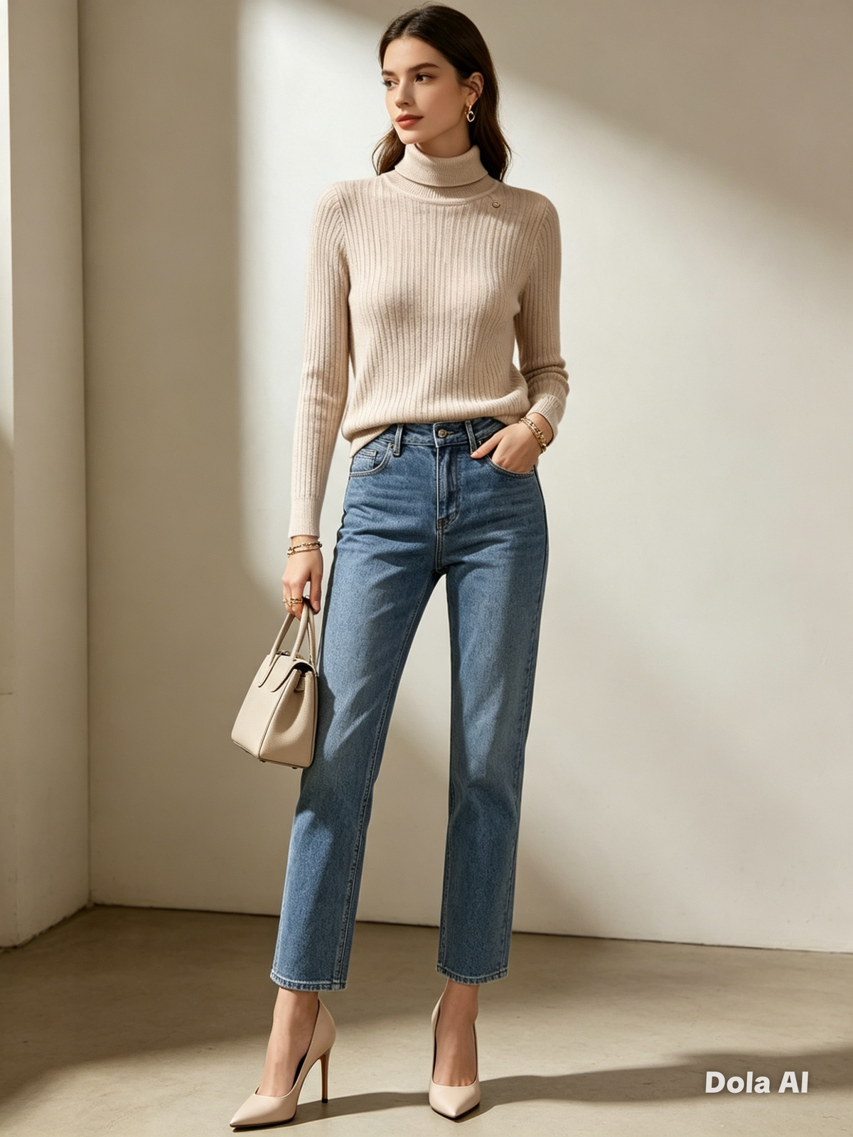 Cream Ribbed Turtleneck Jumper - model with blue straight leg jeans and nude heels