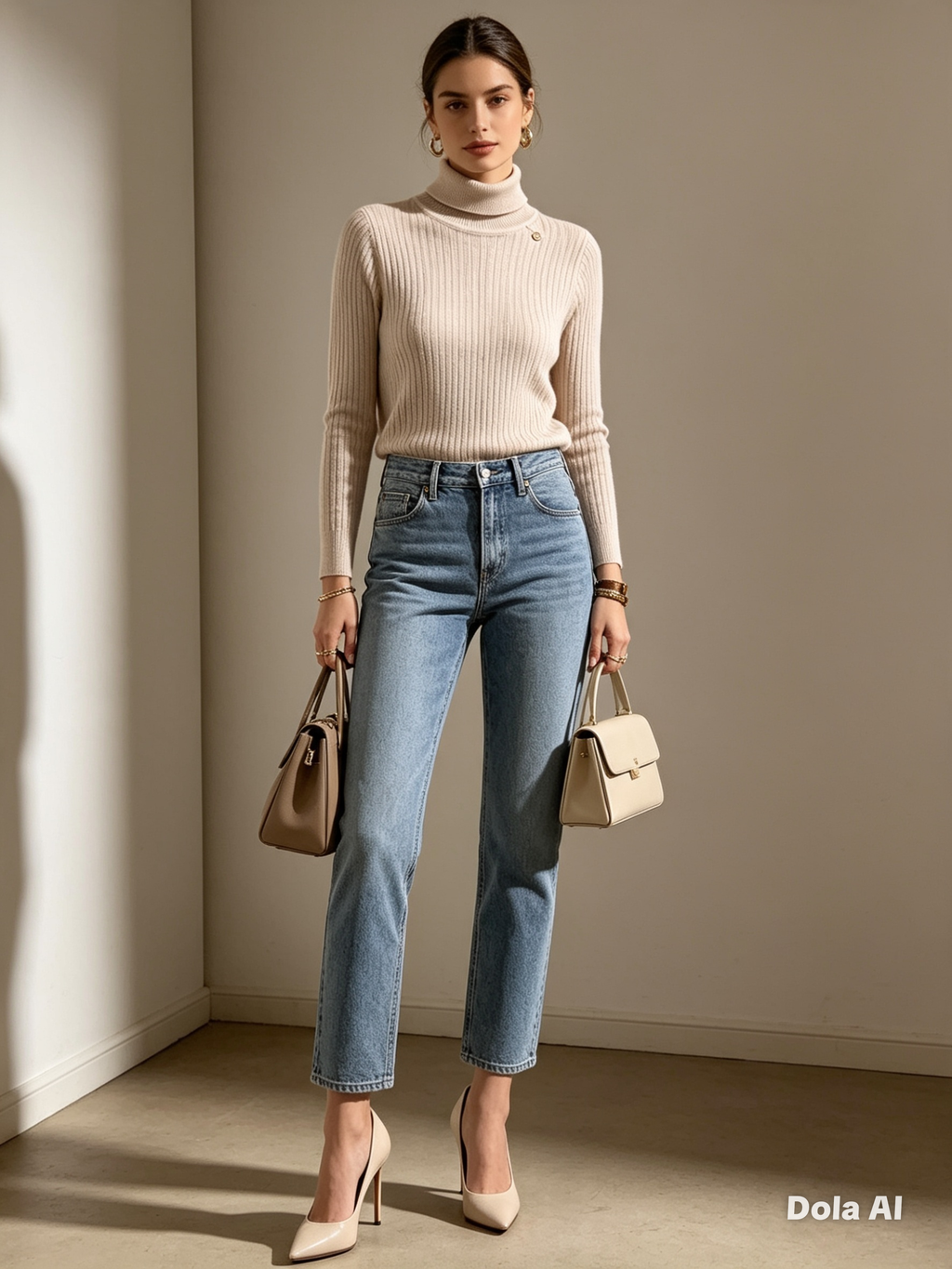 Cream Ribbed Turtleneck Jumper - model with blue jeans and two beige bags