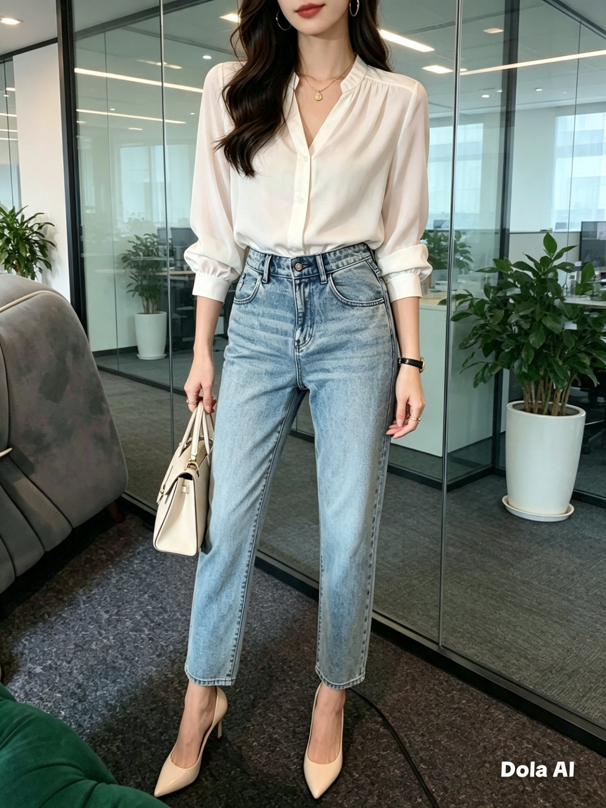 White Satin Ruffle-Neck Blouse - model with blue jeans and nude heels in office setting