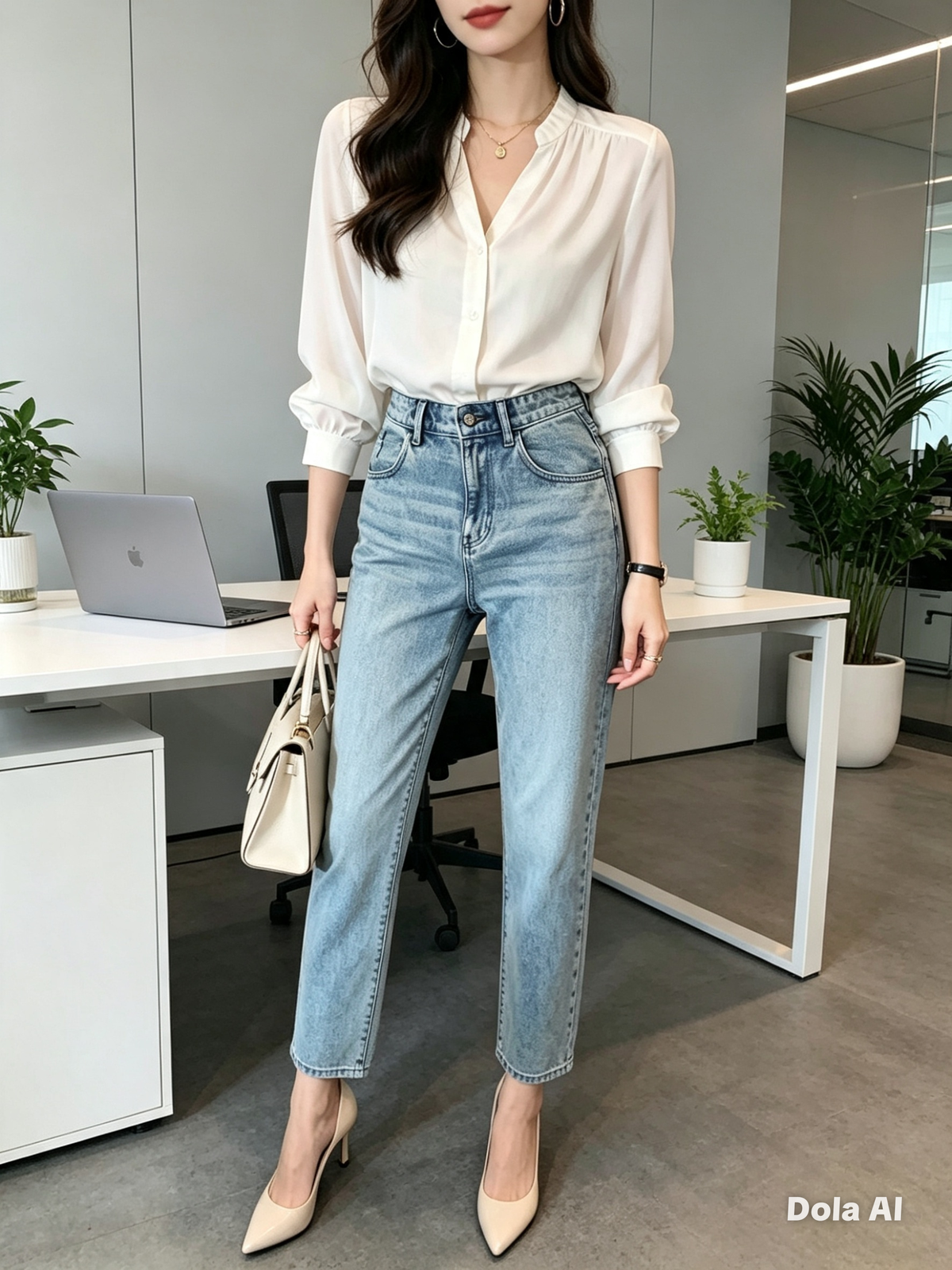 White Satin Ruffle-Neck Blouse - model with blue jeans and nude heels at office desk