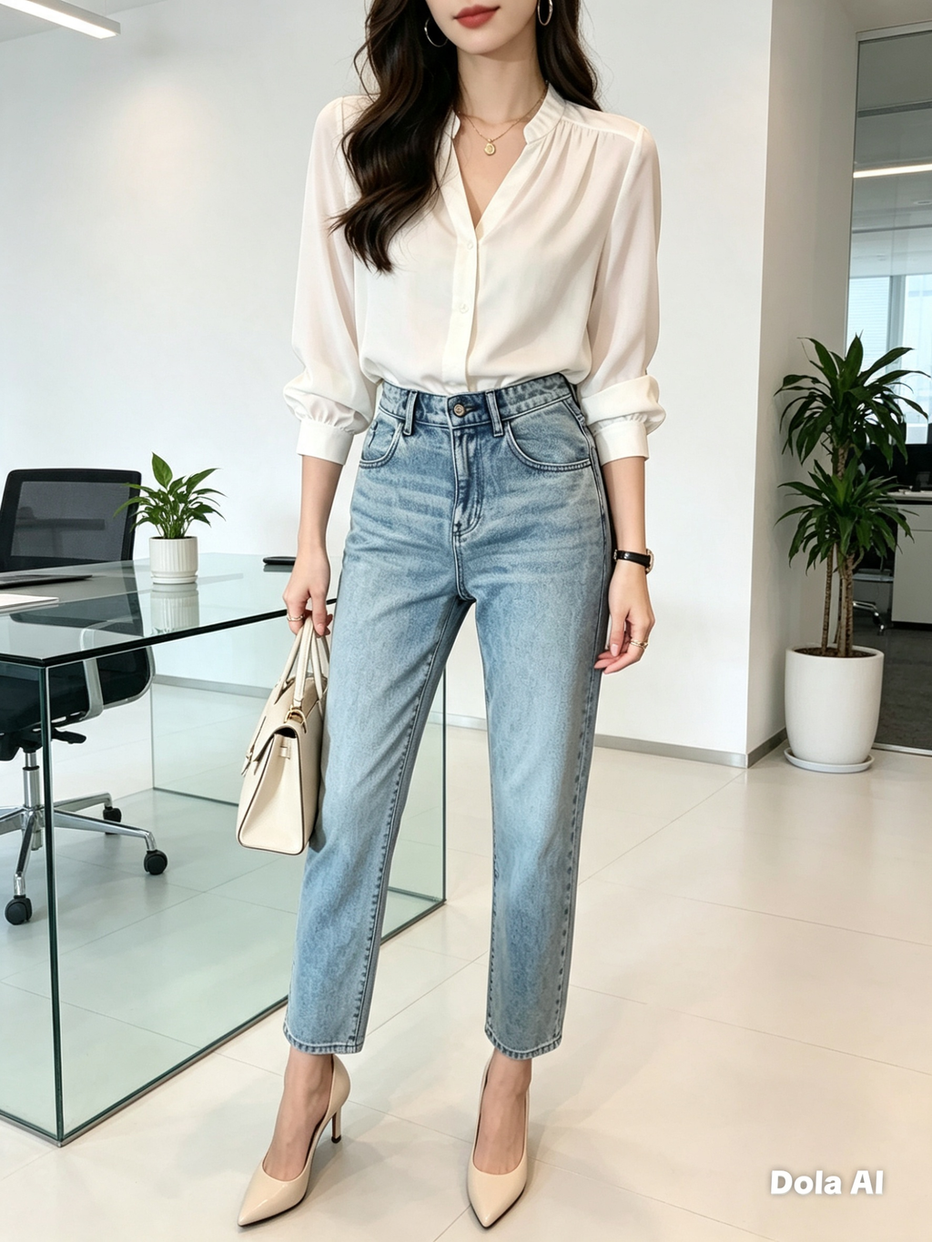 White Satin Ruffle-Neck Blouse - model with blue jeans and nude heels in modern office