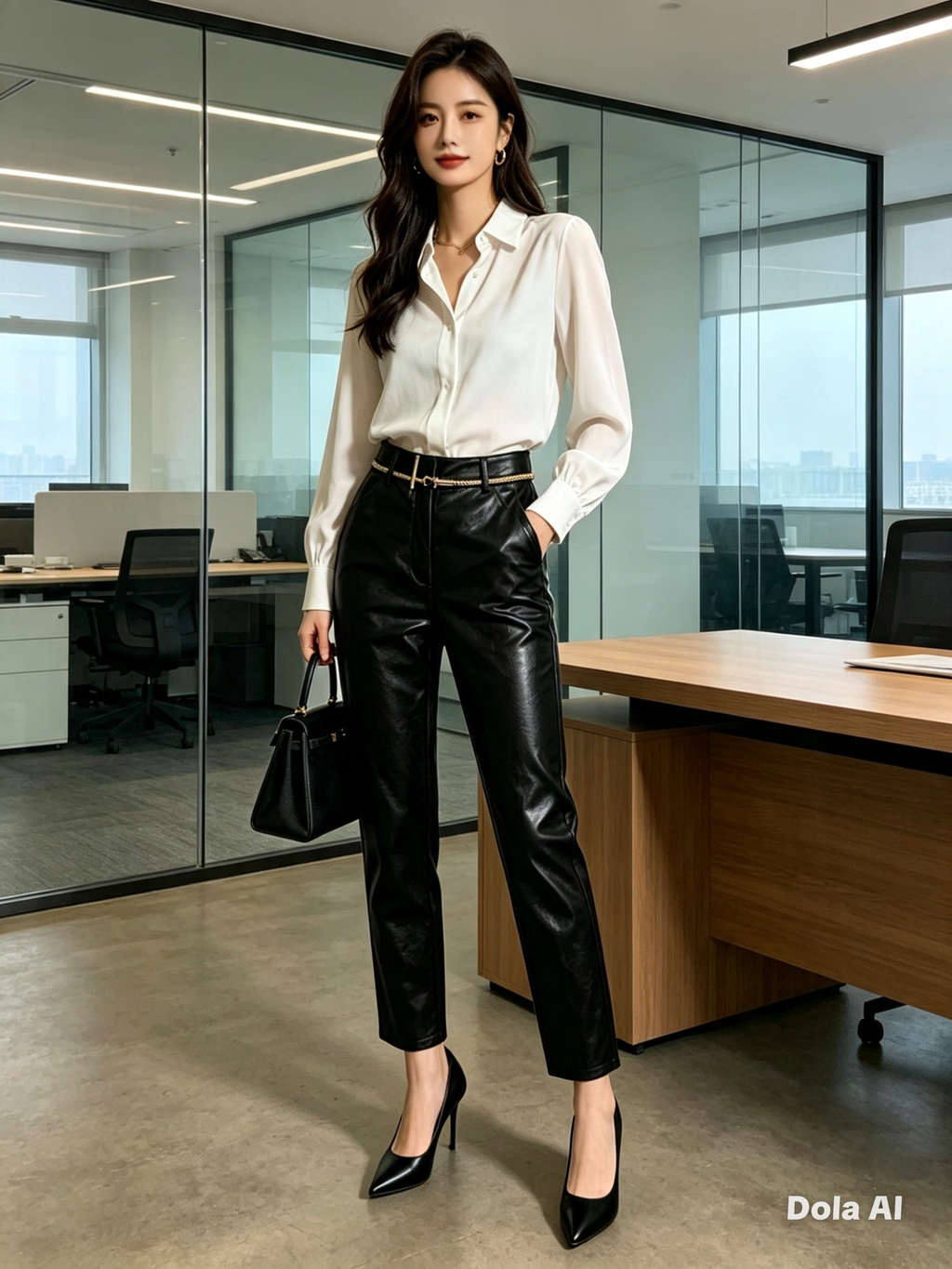 Black Faux Leather Tapered Trousers - model with white blouse and black heels in office