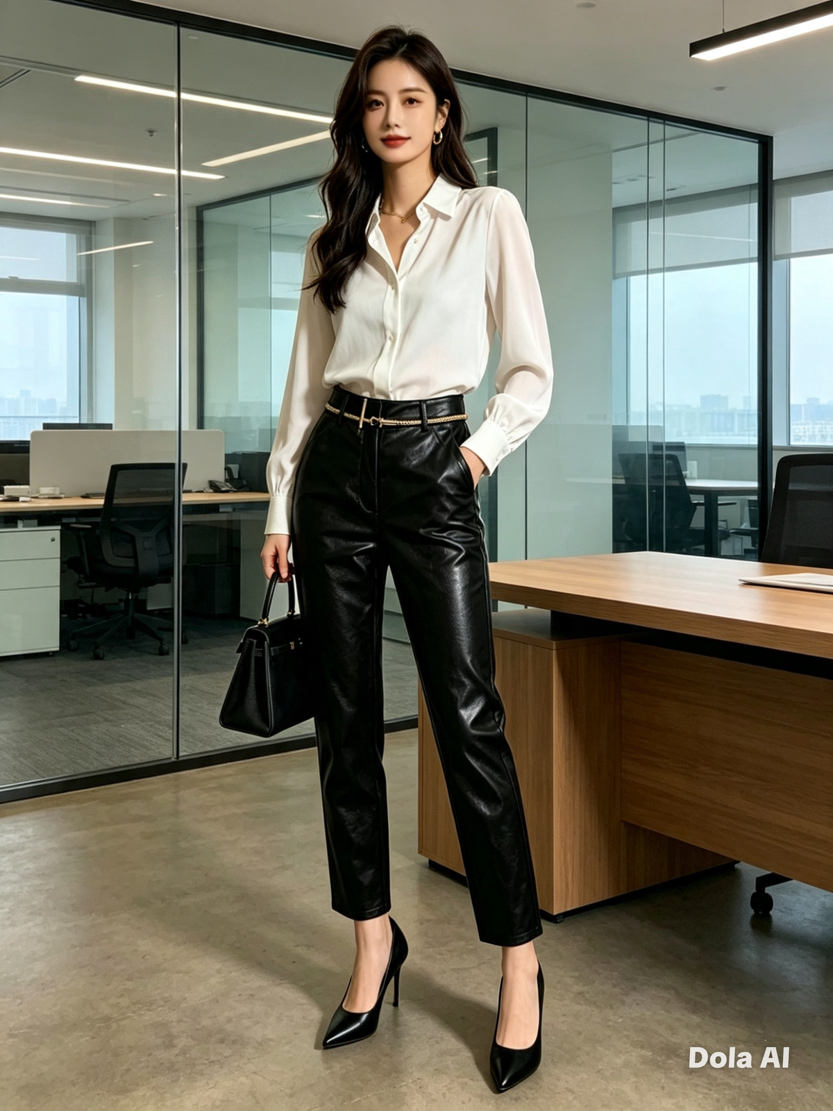 Black Faux Leather Tapered Trousers - model with white blouse and black heels in office