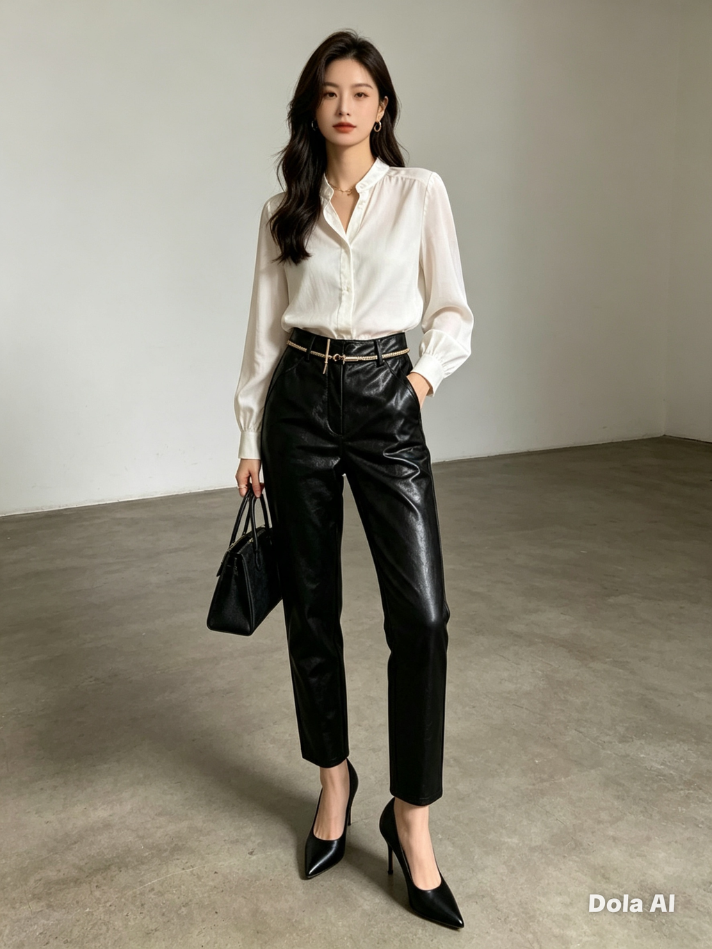 Black Faux Leather Tapered Trousers - model with white blouse and black heels studio
