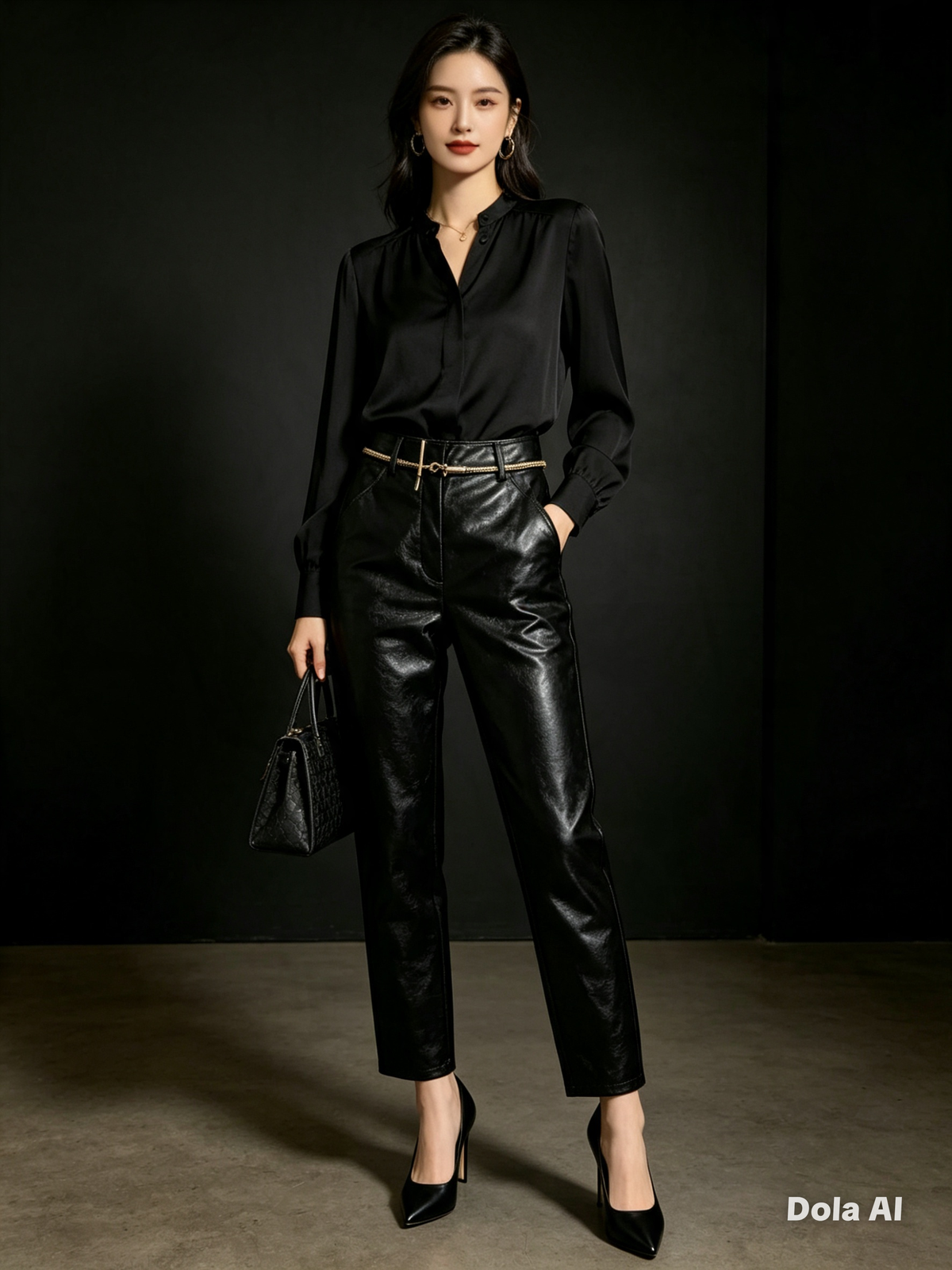 Black Faux Leather Tapered Trousers - model with black blouse and black heels dark studio