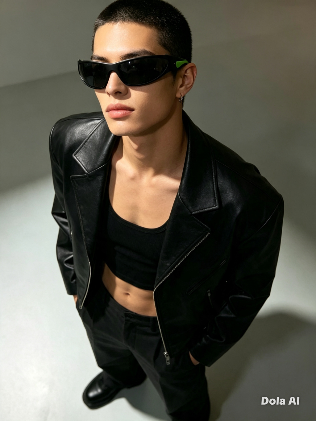 Foster Grant Sports Wrap Sunglasses - model in black leather jacket and all-black outfit