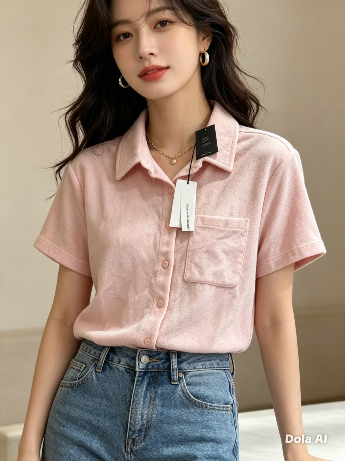 Pink Short Sleeve Button-Up Shirt - model with blue jeans standing studio close up