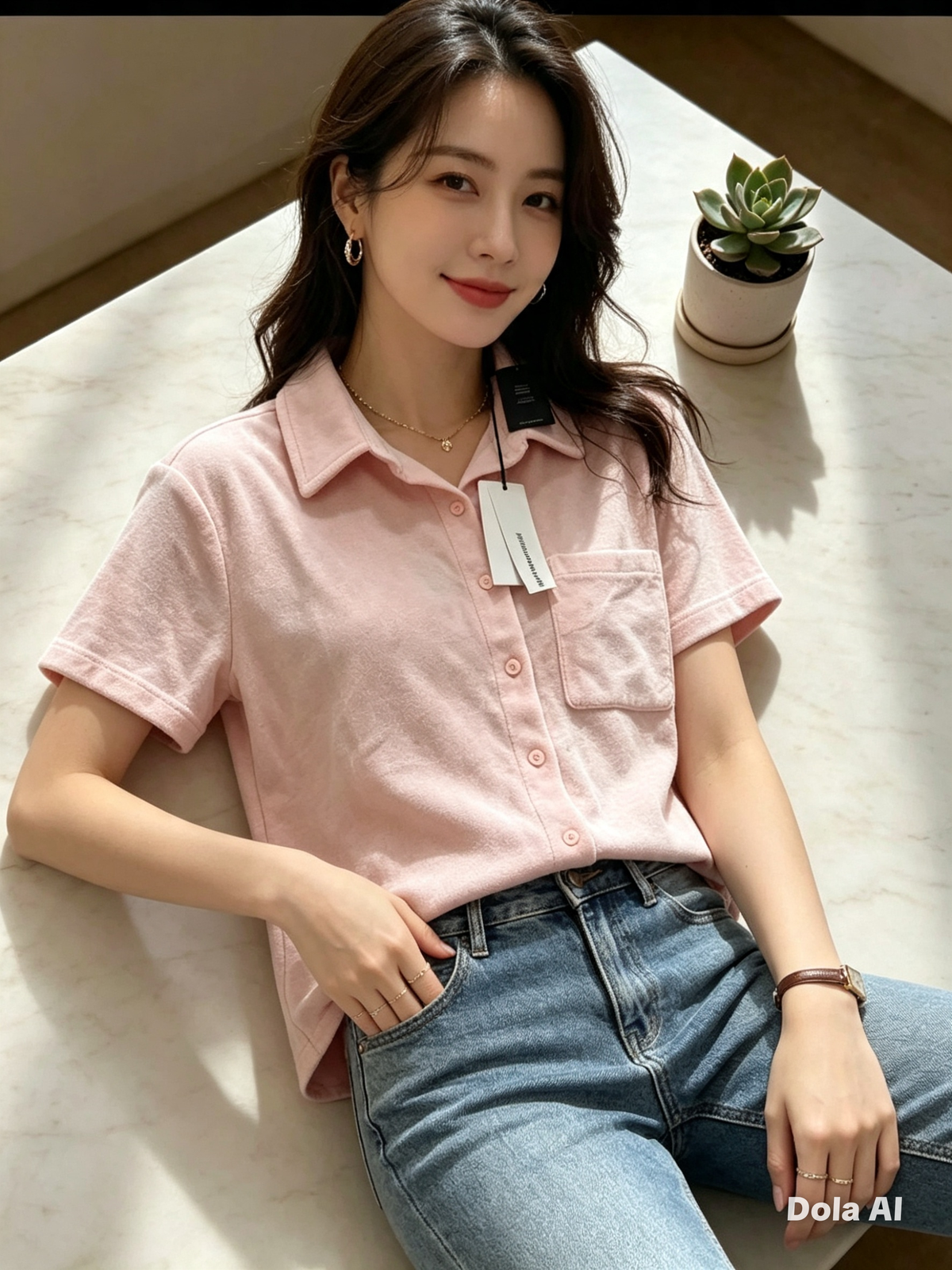 Pink Short Sleeve Button-Up Shirt - model with blue jeans seated by marble table with plant