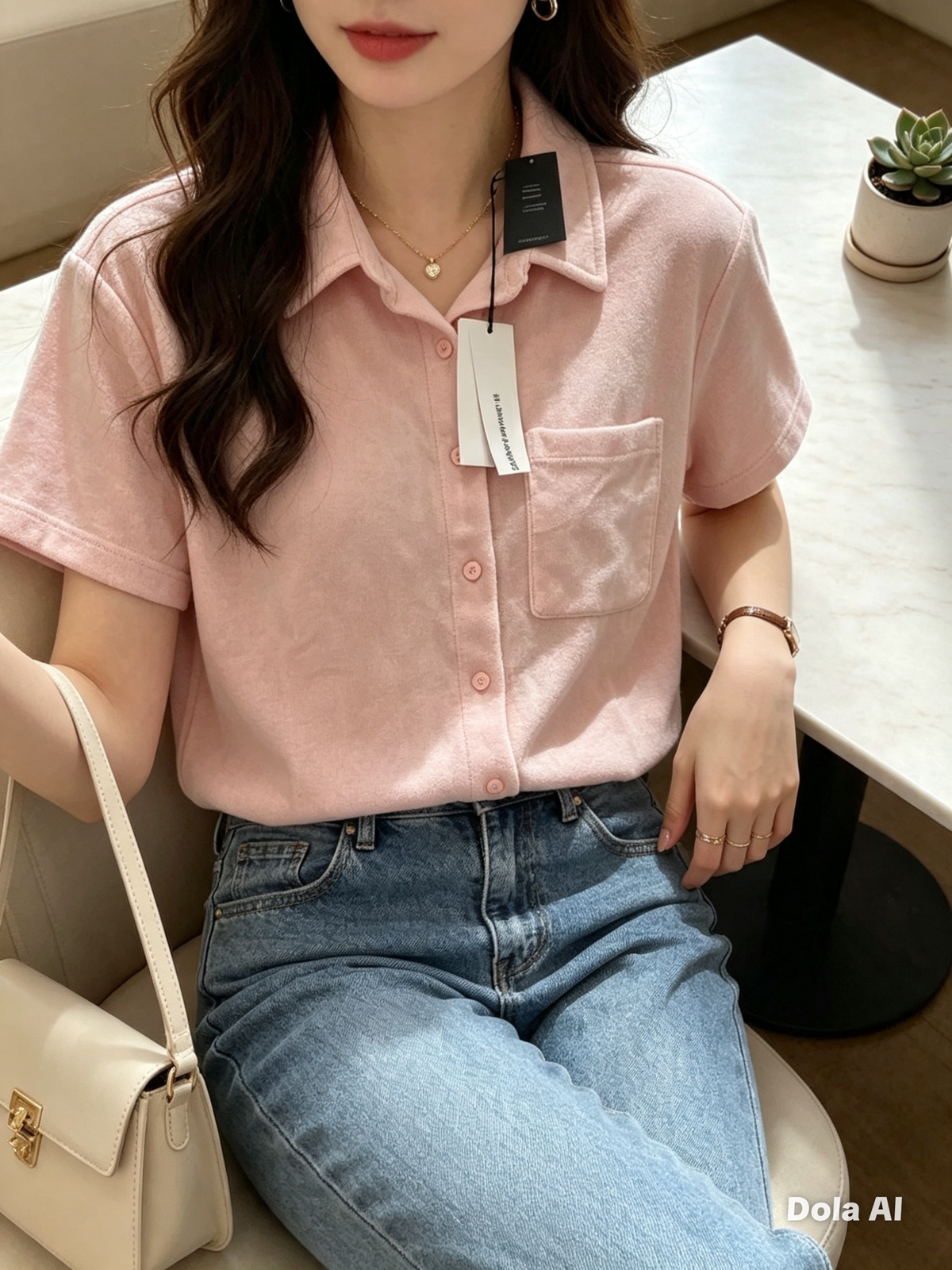 Pink Short Sleeve Button-Up Shirt - model with blue jeans seated at cafe with beige bag