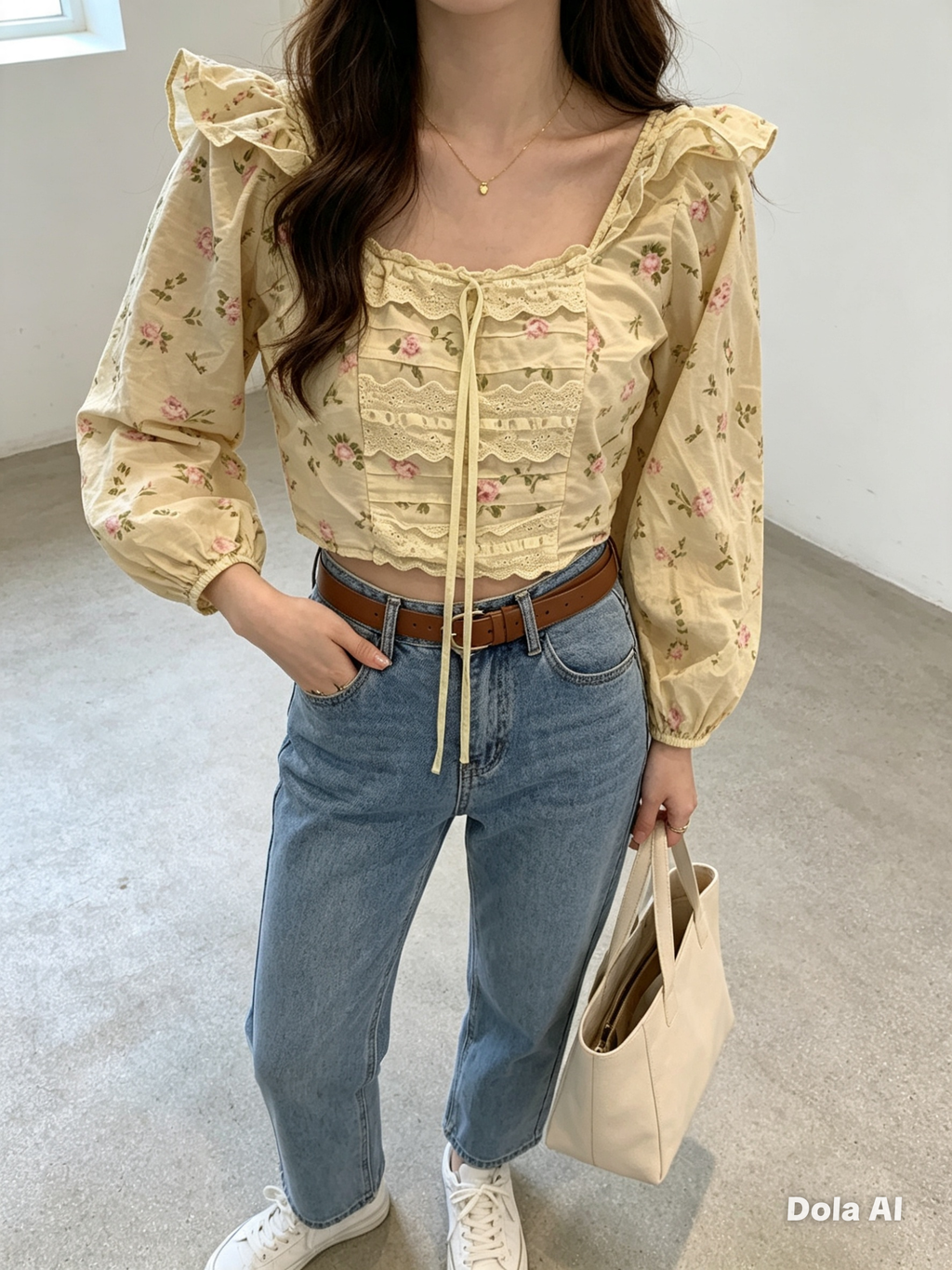 Cream Floral Puff Sleeve Lace-Up Crop Top - model with blue jeans brown belt and white trainers