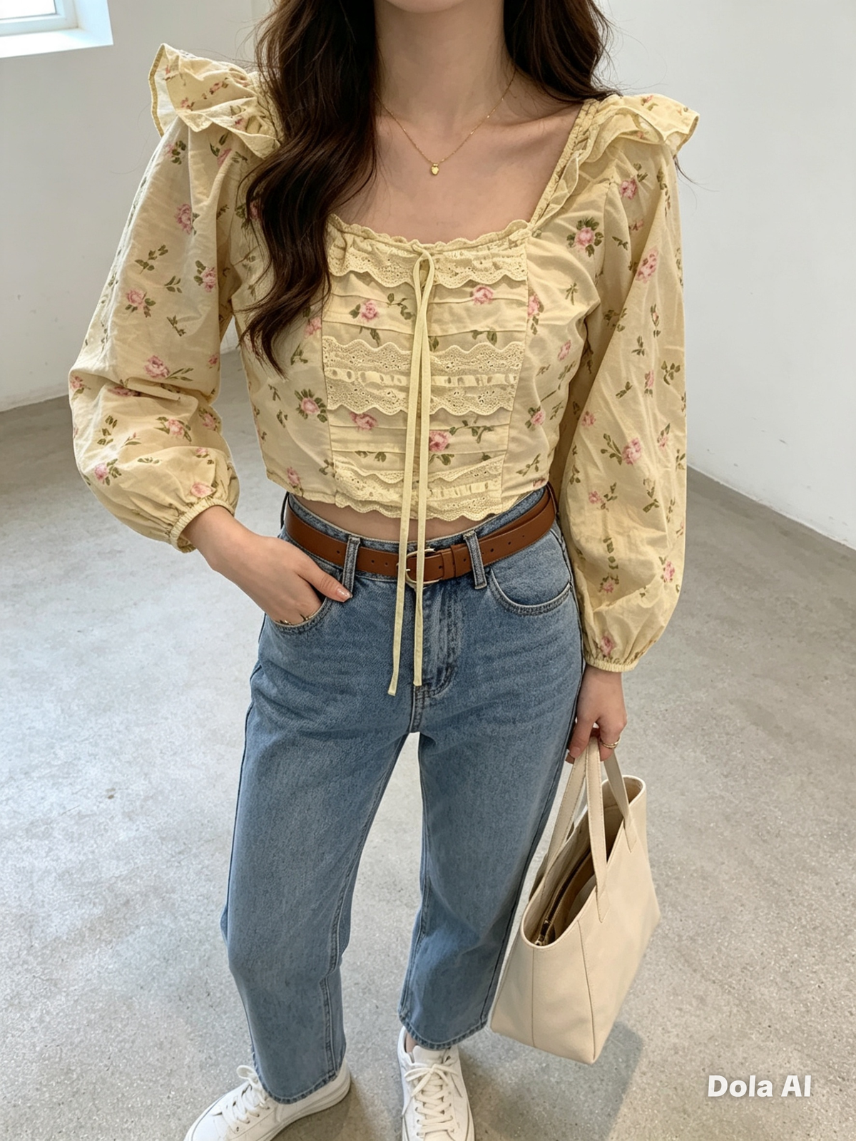 Cream Floral Puff Sleeve Lace-Up Crop Top - model with blue jeans brown belt and white trainers
