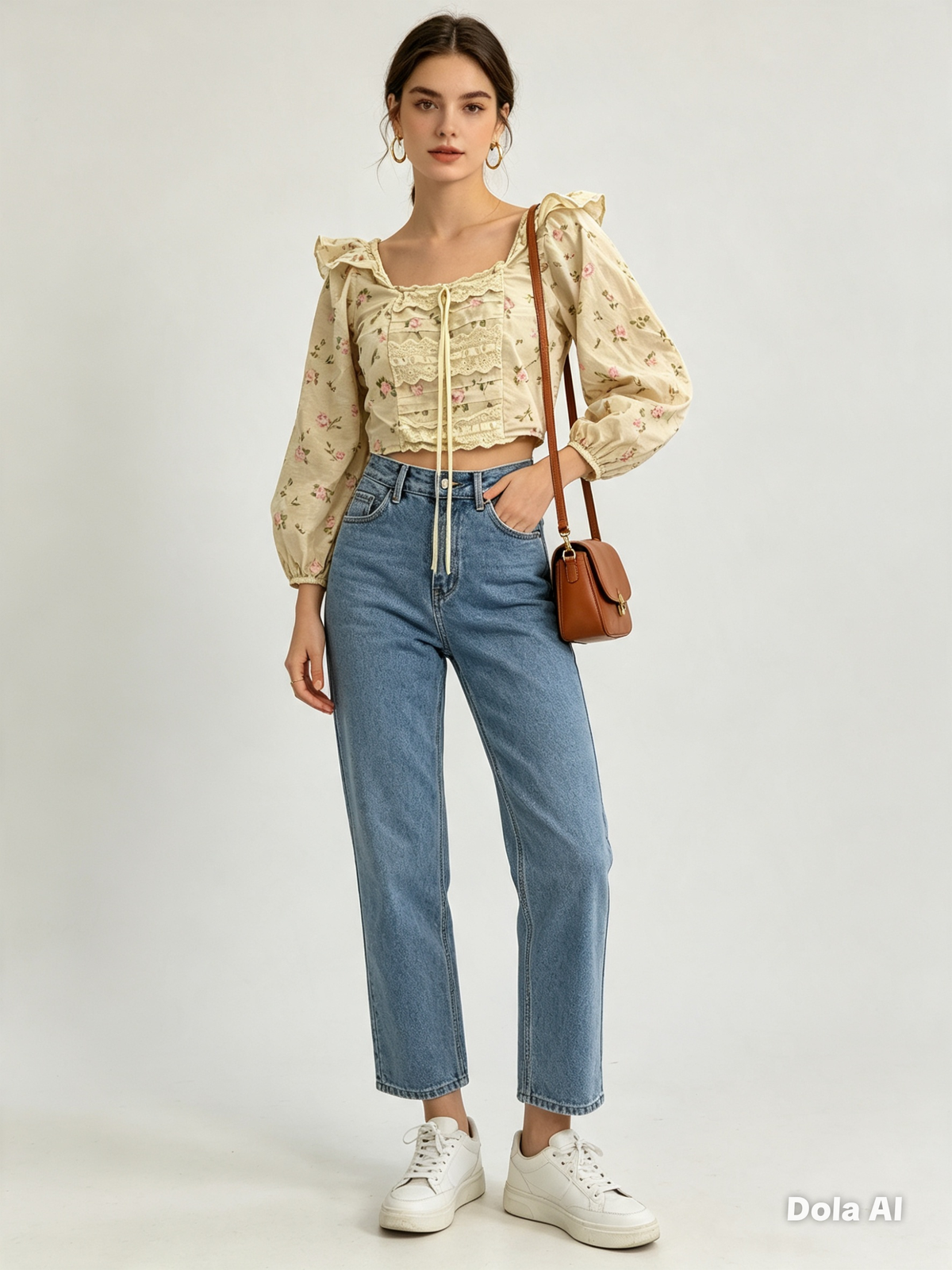 Cream Floral Puff Sleeve Lace-Up Crop Top - model with blue jeans and brown crossbody bag white background