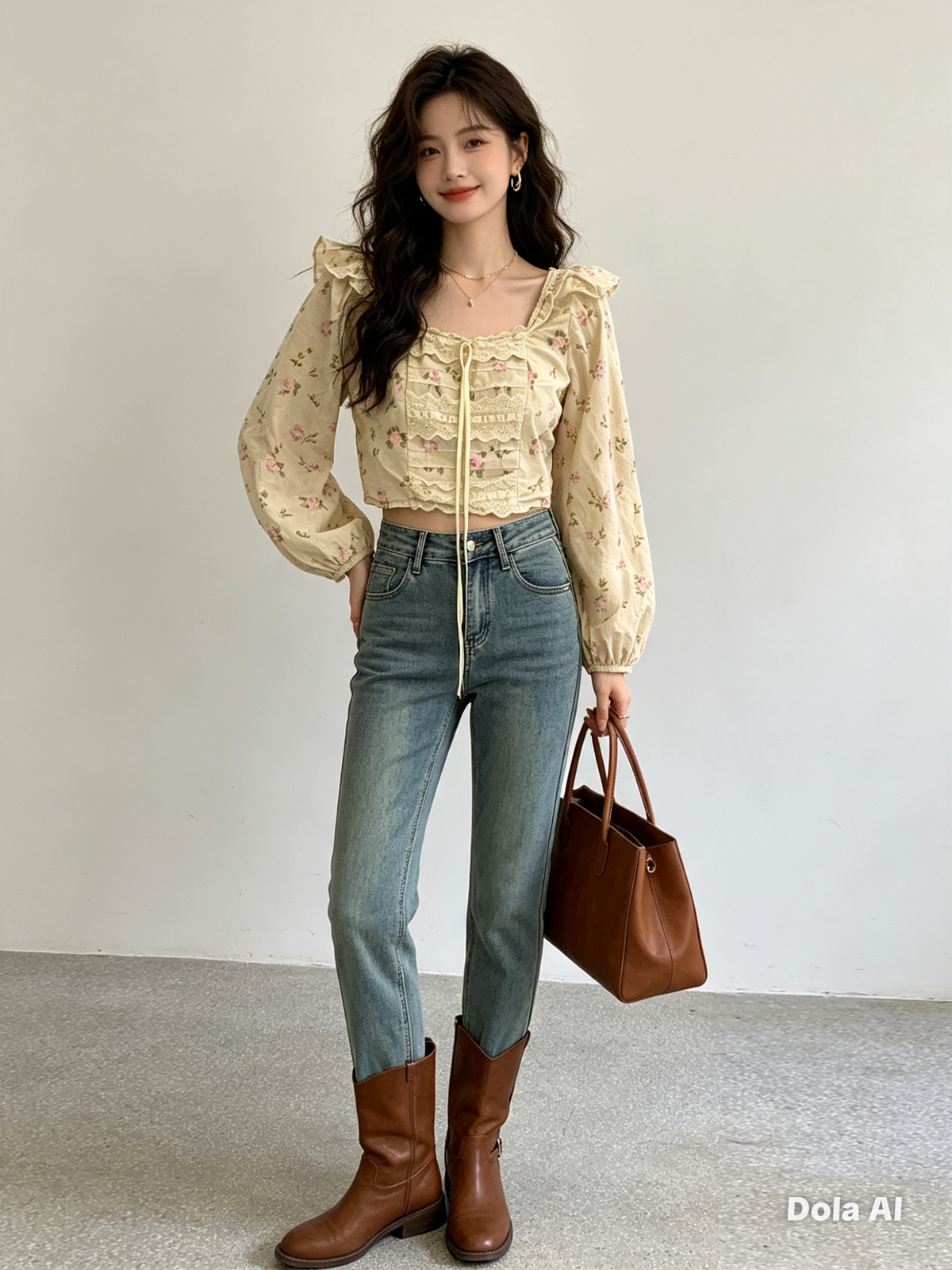 Cream Floral Puff Sleeve Lace-Up Crop Top - model with blue jeans brown tote bag and cowboy boots