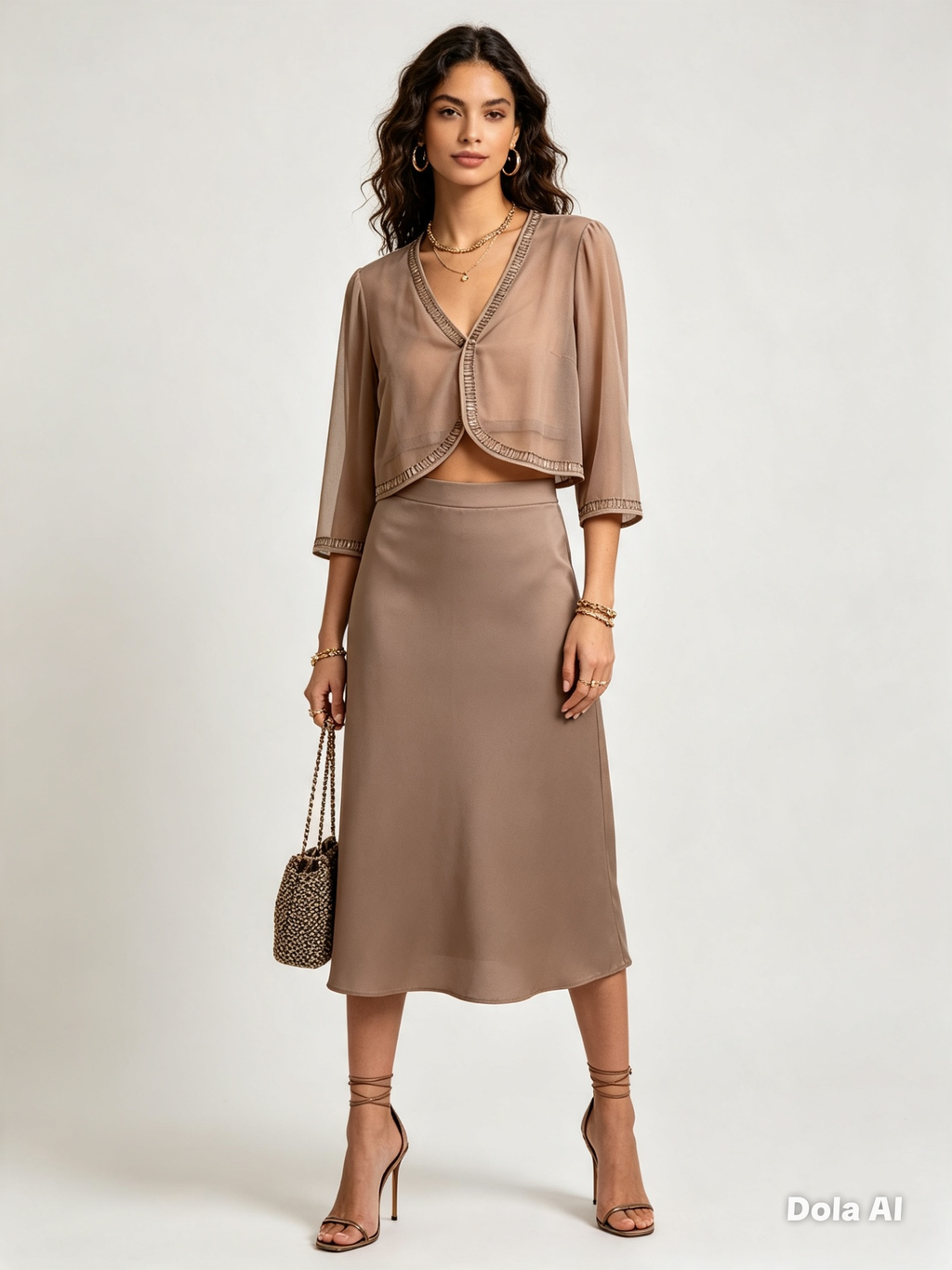 Mocha Rhinestone-Trim Co-ord Set - model with chain bag and strappy heels white background