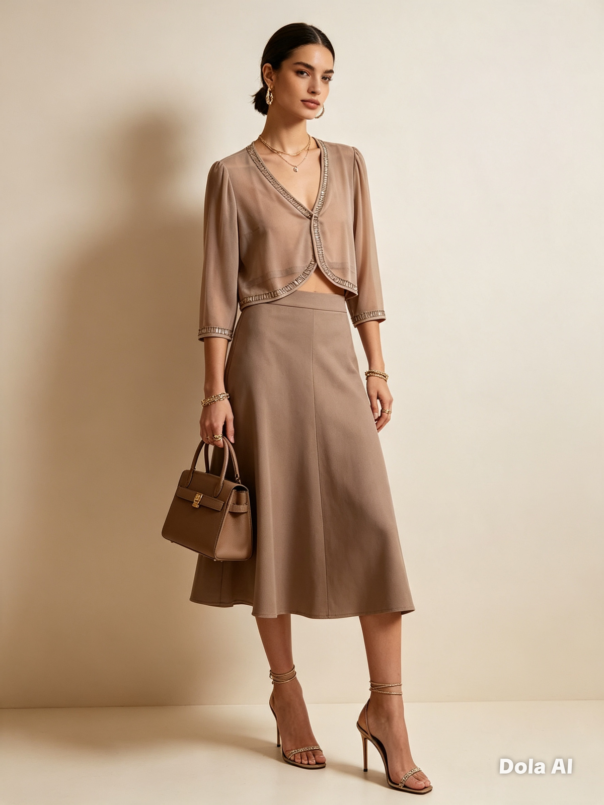 Mocha Rhinestone-Trim Co-ord Set - model with brown handbag and strappy heels cream background