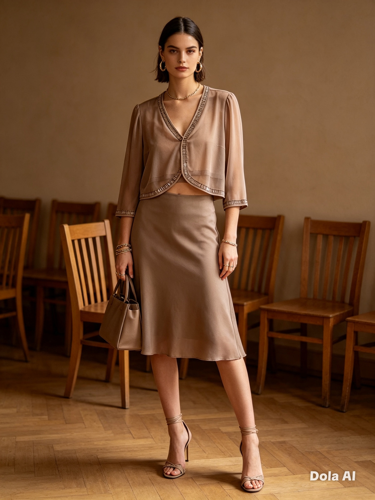 Mocha Rhinestone-Trim Co-ord Set - model with brown handbag and strappy heels wooden chair setting