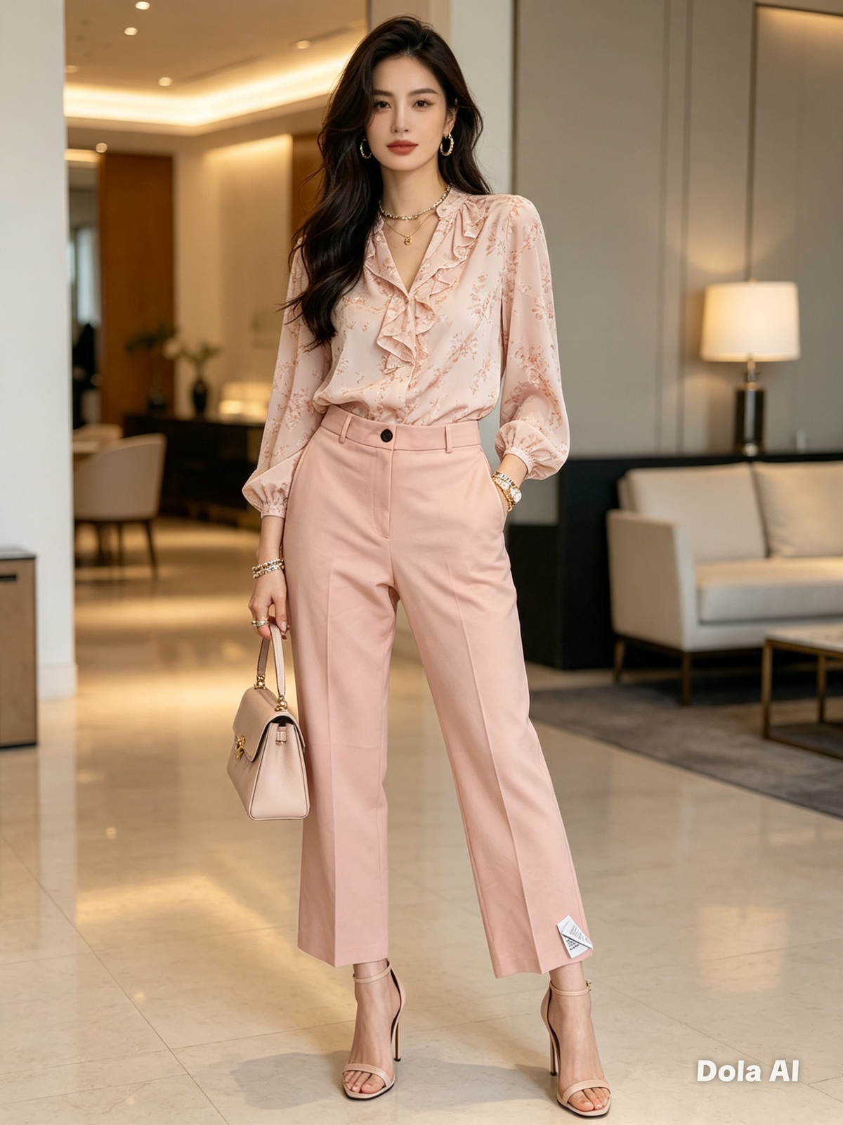 Blush Pink Floral Blouse & Tailored Trouser Set - ruffle detail