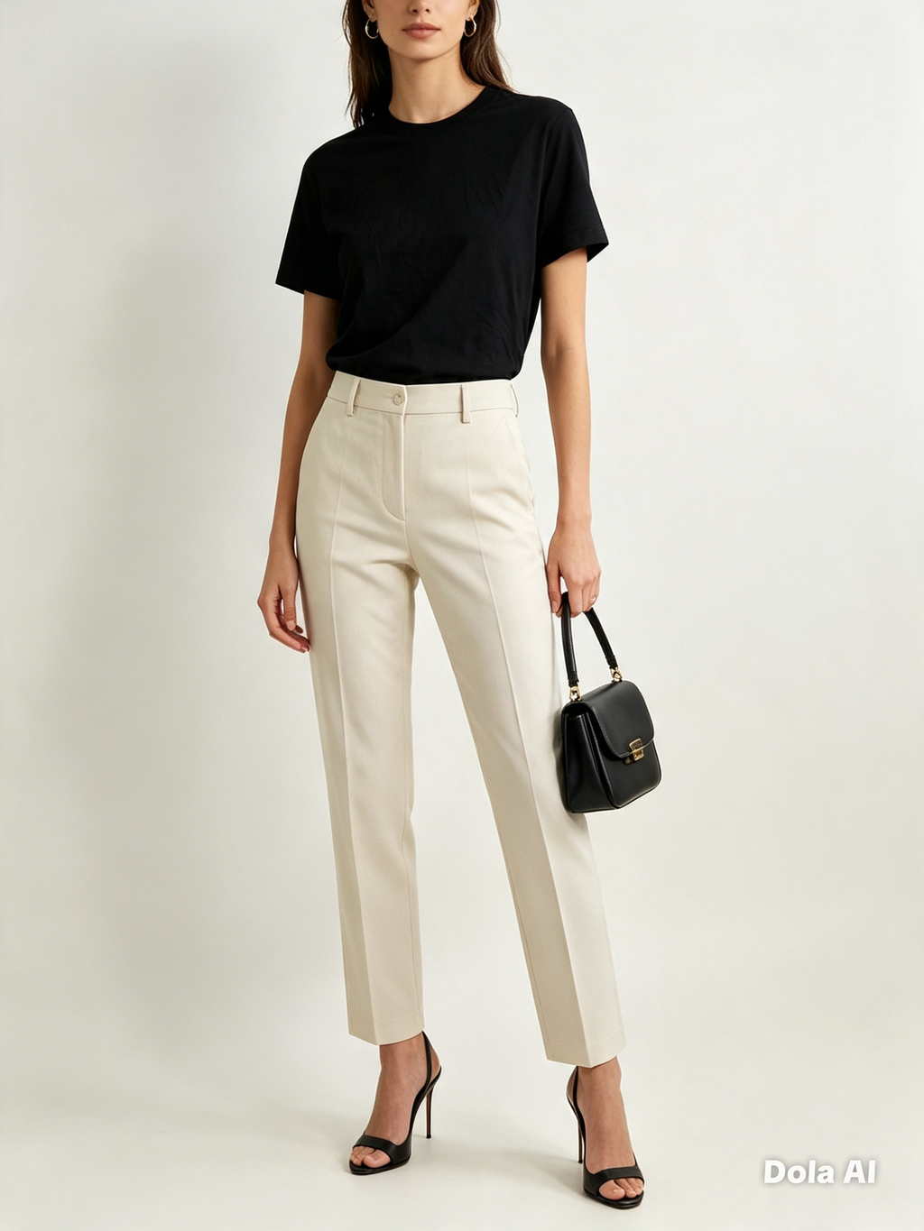 ASOS Black Classic T-Shirt - styled with cream trousers front view