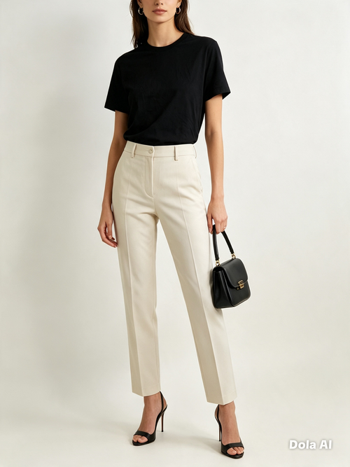 ASOS Black Classic T-Shirt - styled with cream trousers front view