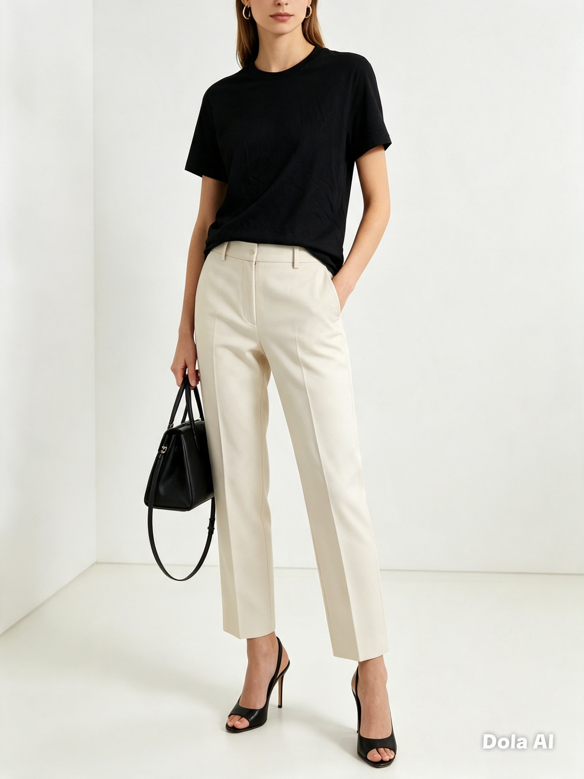 ASOS Black Classic T-Shirt - styled with cream trousers side view