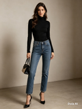 Flounce Black Turtleneck Long-Sleeve Bodysuit - styled with blue jeans and black heels