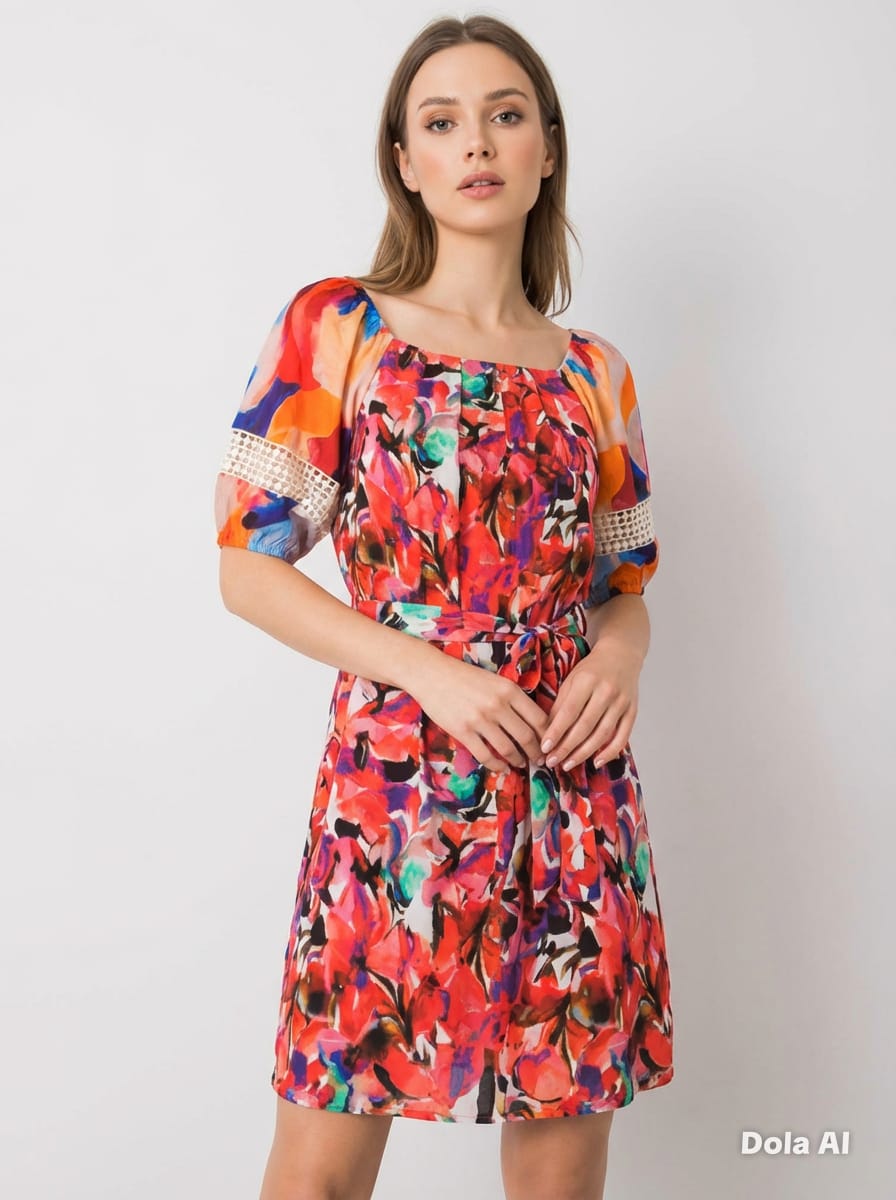 Multicolour Abstract Floral Puff Sleeve Mini Dress - front view