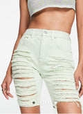 Mint Green Extreme Ripped Longline Denim Shorts - close up distress detail